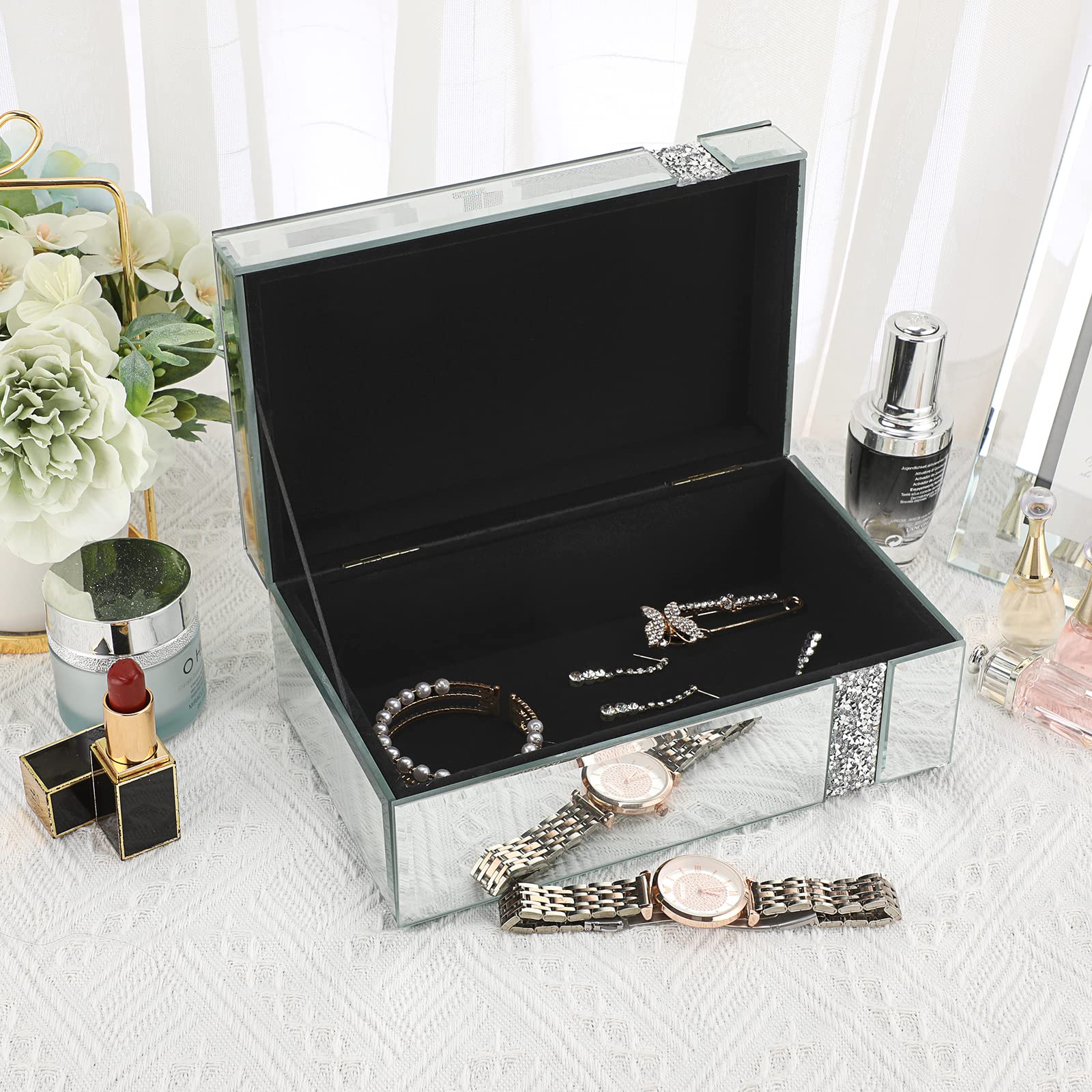 **Hipiwe Diamond Glass Jewelry Box - Silver Mirrored Trinket Organizer & Treasure Chest for Women & Girls | Elegant Storage & Decorative Gift for Necklaces, Rings, Earrings | Perfect for Dresser, Vanity, Travel**