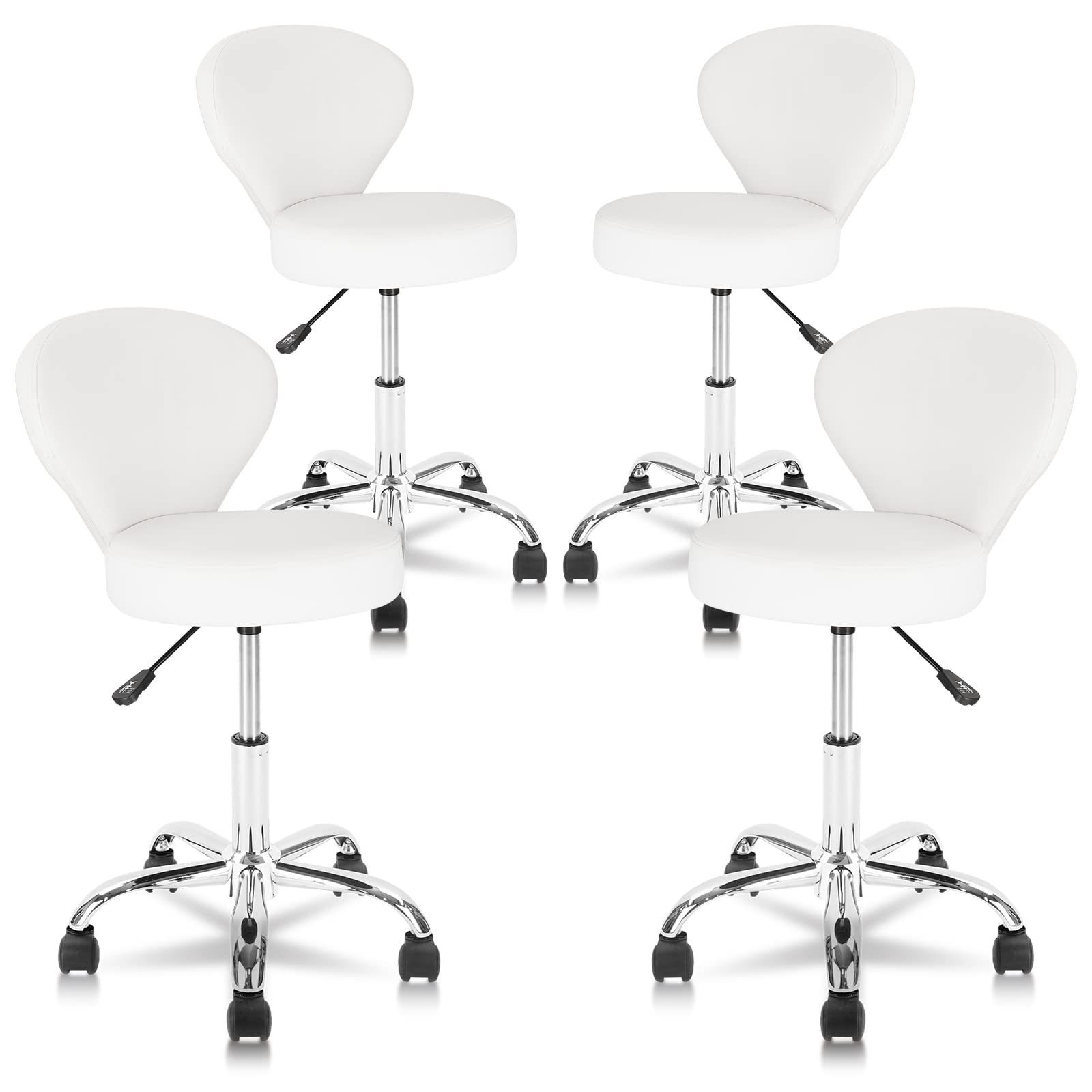 4 Pack PVC Faux Leather Rolling Swivel Salon Stools - Adjustable Hydraulic Height (15-22 Inch) with Low Back Support - Perfect for Office, Massage, Facial Spa, Medical & Tattoo Parlors - White Salon Chairs for Professional & Home Use