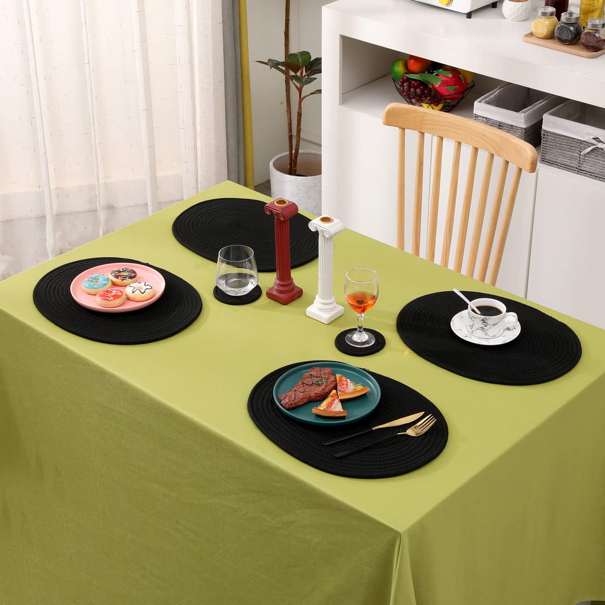 6 Pack Woven Cotton Placemats - 12x16 Inches Oval Braided Rattan Table Mats for Kitchen, Dining Table, Outdoor Party & Wedding Decoration - Elegant Plate Chargers for Everyday Use & Special Occasions (Black)