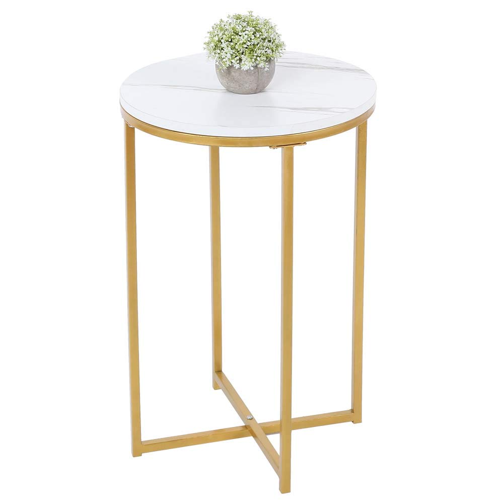 Modern Gold Round Side Table with Marble Top & Metal Frame - Faux Marble Coffee Table, Small Sofa Table, Decorative Flower Stool for Bedroom, Living Room, Office | Perfect for Home Decor, Accent Furniture & Coffee Station Setup