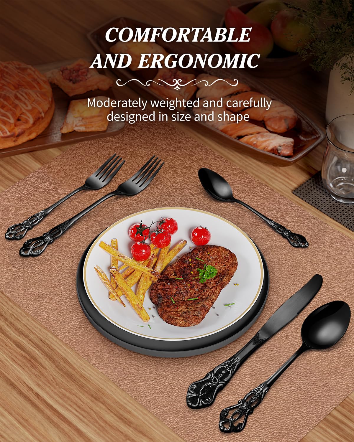 48-Piece Black Silverware Set for 8 People - Elegant Retro Royal Flatware Set with Steak Knives | Stainless Steel Cutlery Set Includes Forks, Spoons & Knives | Mirror Finish & Dishwasher Safe | Perfect for Dinner Parties, Weddings & Upscale Dining