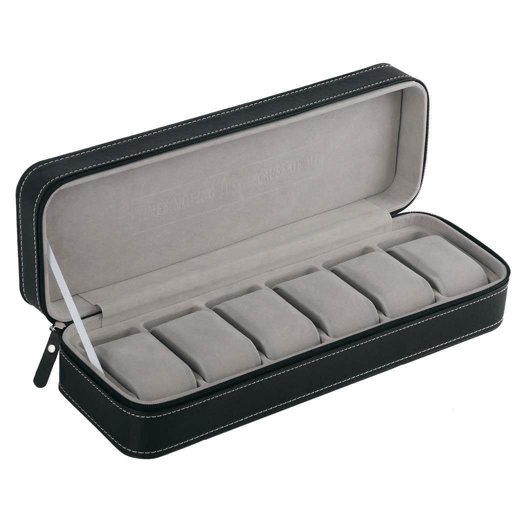ACO&BEBE 6-Grid Watch Organizer Box with Zippered Closure - Compact Travel Jewelry Case for Watches & Accessories (Black) - Perfect for Business Trips & Vacation Storage