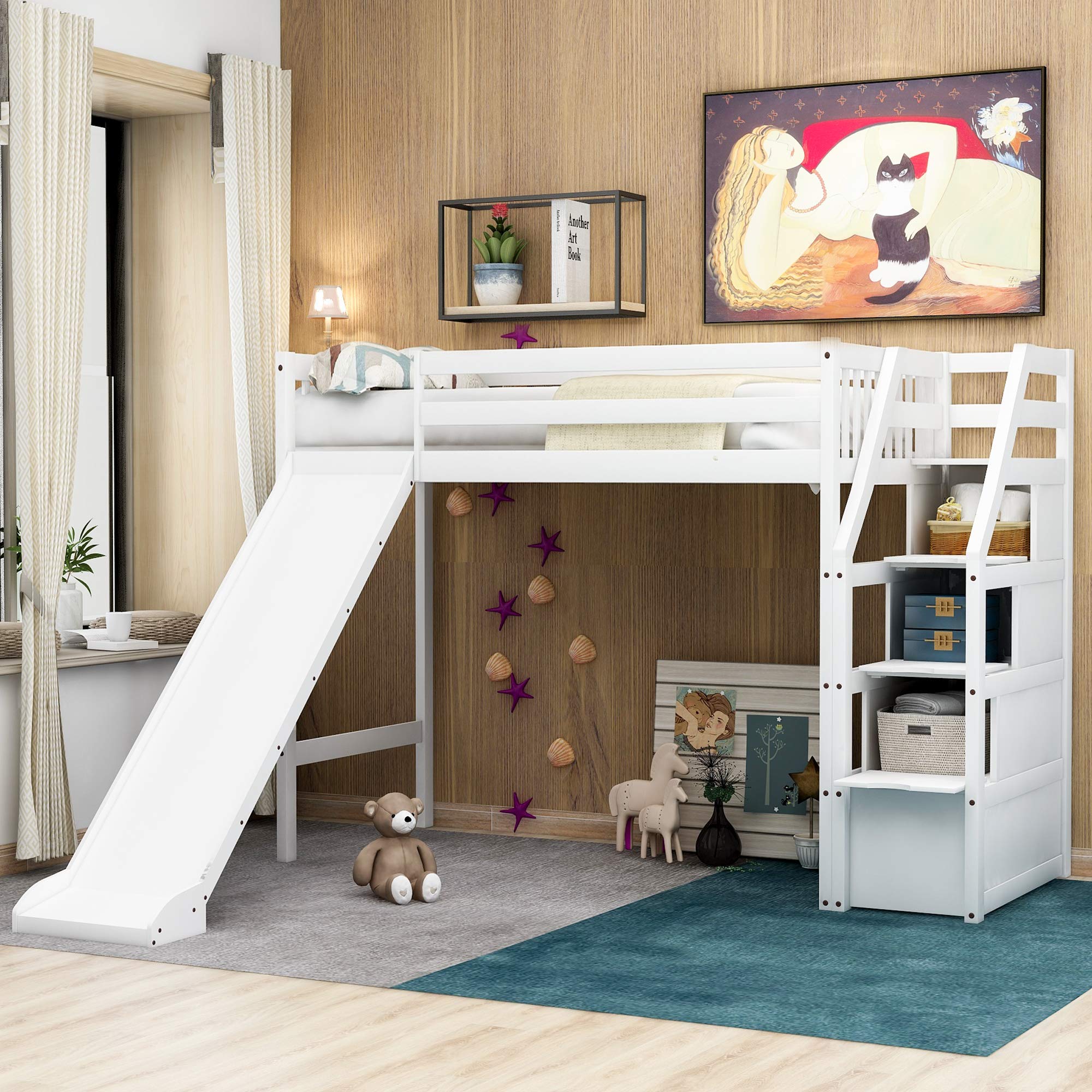 Autokola Twin Loft Bed with Staircase & Slide - Wooden Kids Bunk Bed with Storage - Fast 3-7 Day Delivery - Perfect for Small Bedrooms, Playrooms & Kids' Shared Spaces