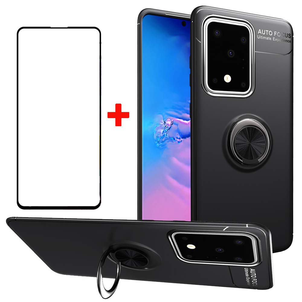 Premium Samsung Galaxy A51 4G Phone Case with Tempered Glass Screen Protector - Slim Soft Silicone Cover with Magnetic Stand & Ring Holder (Compatible with Galaxy A51/A515F/SM-A515F) - Perfect for Work, Travel, and Everyday Protection - Black