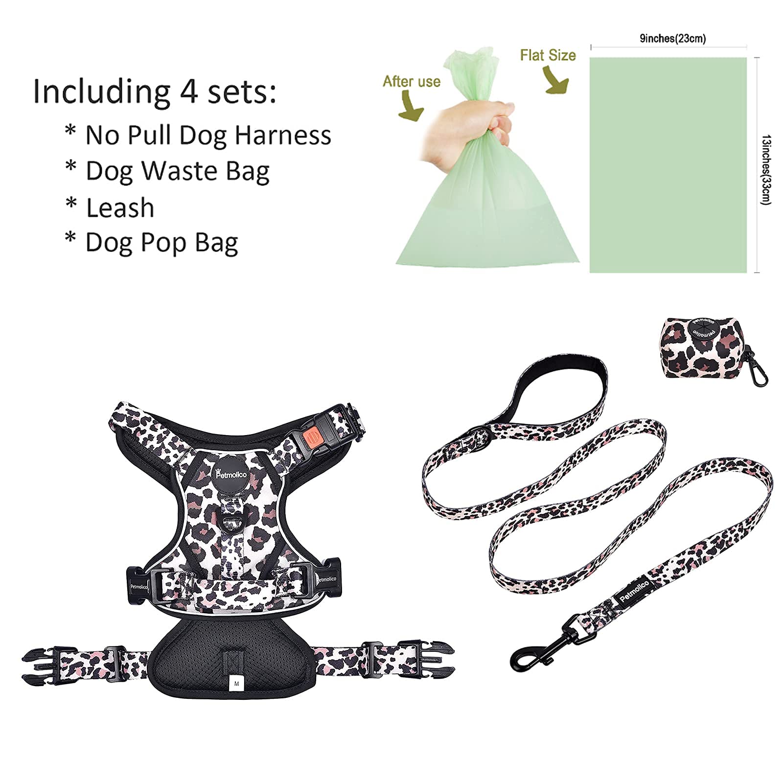 Petmolico No Pull Dog Harness Set with Leash - Reflective Adjustable Vest for Small & Medium Dogs, Easy Control Handle & Poop Bag Holder - Perfect for Walking, Training & Outdoor Adventures (Leopard Print)