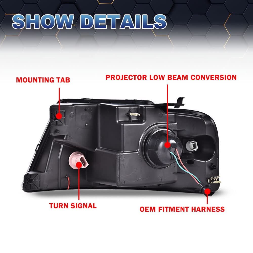 PIT66 LED DRL Headlights for 2004-2008 Ford F150 & Lincoln Mark LT - Clear Lens Black Housing - Perfect for Night Driving