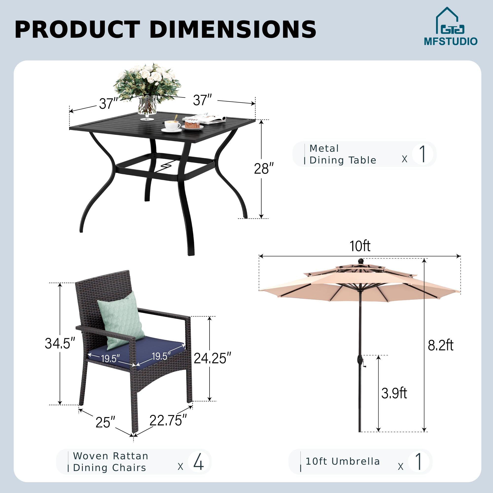 MFSTUDIO 6-Piece Outdoor Rattan Patio Dining Set with Umbrella - Wicker Square Table & 4 Beige Chairs - Perfect for Backyard, Garden, Poolside & Outdoor Entertaining