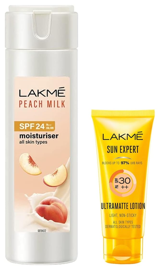 LAKMÉ Sun Expert SPF 30 PA++ Ultra Matte Lotion Sunscreen for All Skin Types, 50ml | Oil-Free, Non-Greasy Sun Protection for Face & Body | Perfect for Daily Use, Outdoor Activities & Beach Days  LAKMÉ Peach Milk Face Moisturizer SPF 24 PA++ 120ml | Hydrating Cream with Sun Protection for Dry & Sensitive Skin | Ideal for Daytime Skincare Routine, Makeup Base & Office Wear