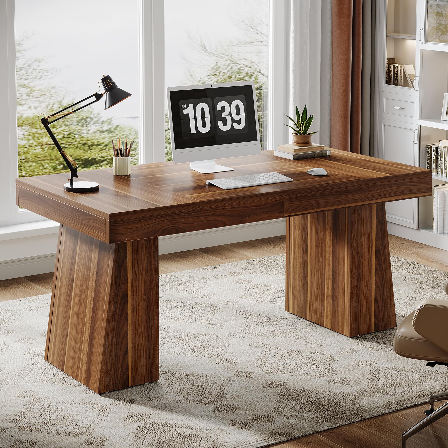 Tribesigns 55 Inch Modern Executive Desk - Mid-Century Style Home Office Desk with Double Trapezoid Base, Wooden Computer Workstation for Business & Study - Perfect for Small Office, Home Office & Conference Room (Brown)
