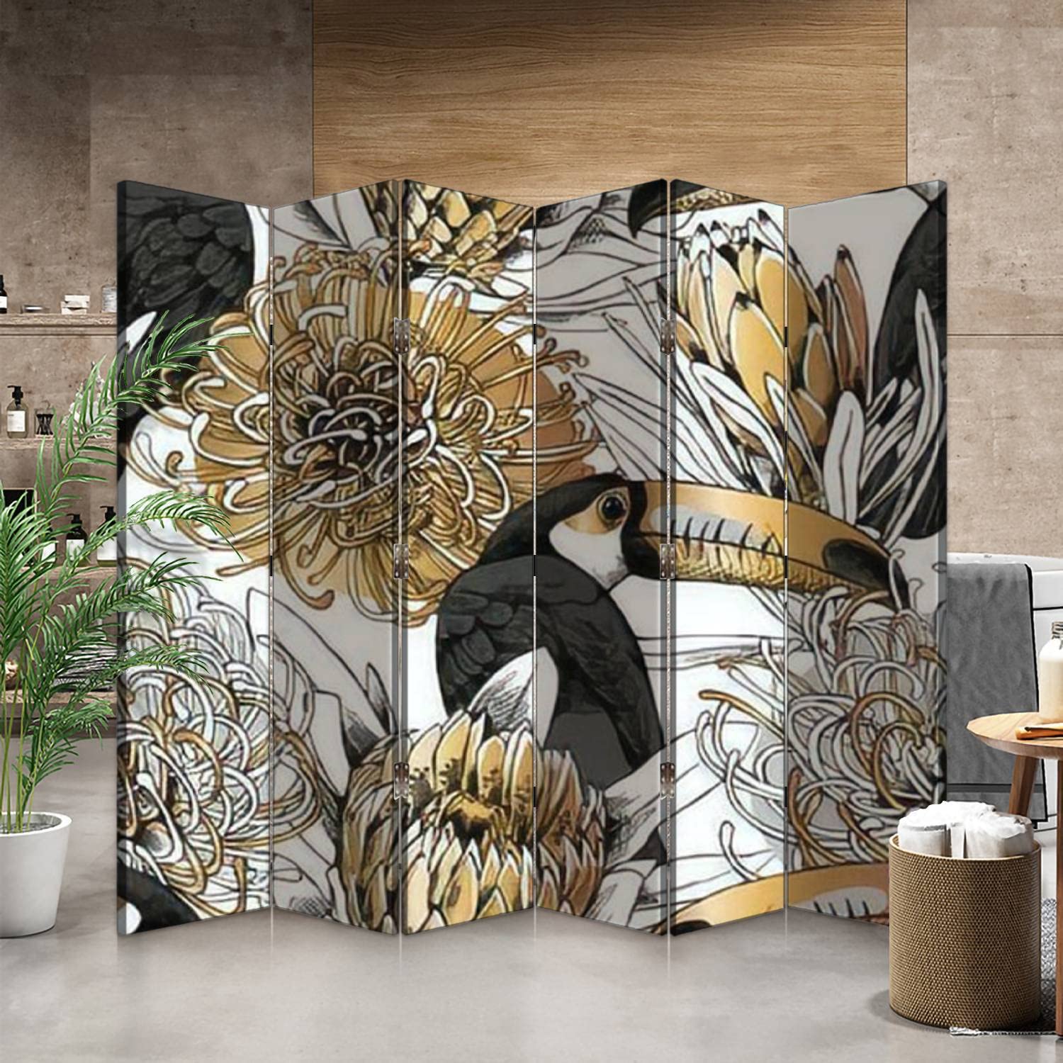 Floral Toucan Canvas Room Divider Screen - 6 Panel Folding Privacy Partition with Gold & Silver Protea Design | Perfect for Home Office, Living Room, Bedroom Separation & Decoration