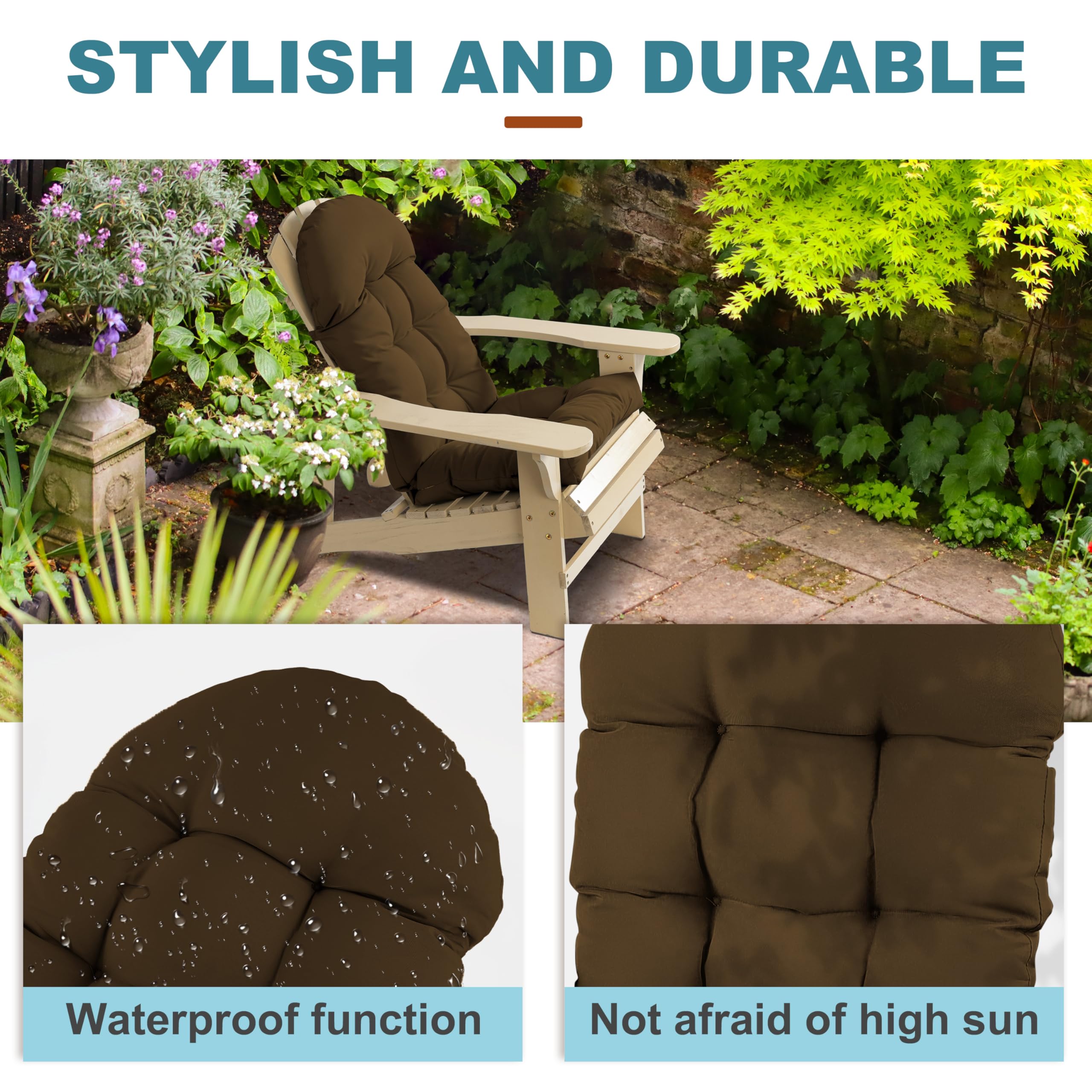 Premium Adirondack Chair Cushion & Rocking Chair Cushion 44x19.4x4 Inch - High Back Patio Cushions with Ties, UV Resistant & Fade Proof - Perfect for Outdoor Furniture, Deck, Porch & Garden (Brown, 1)