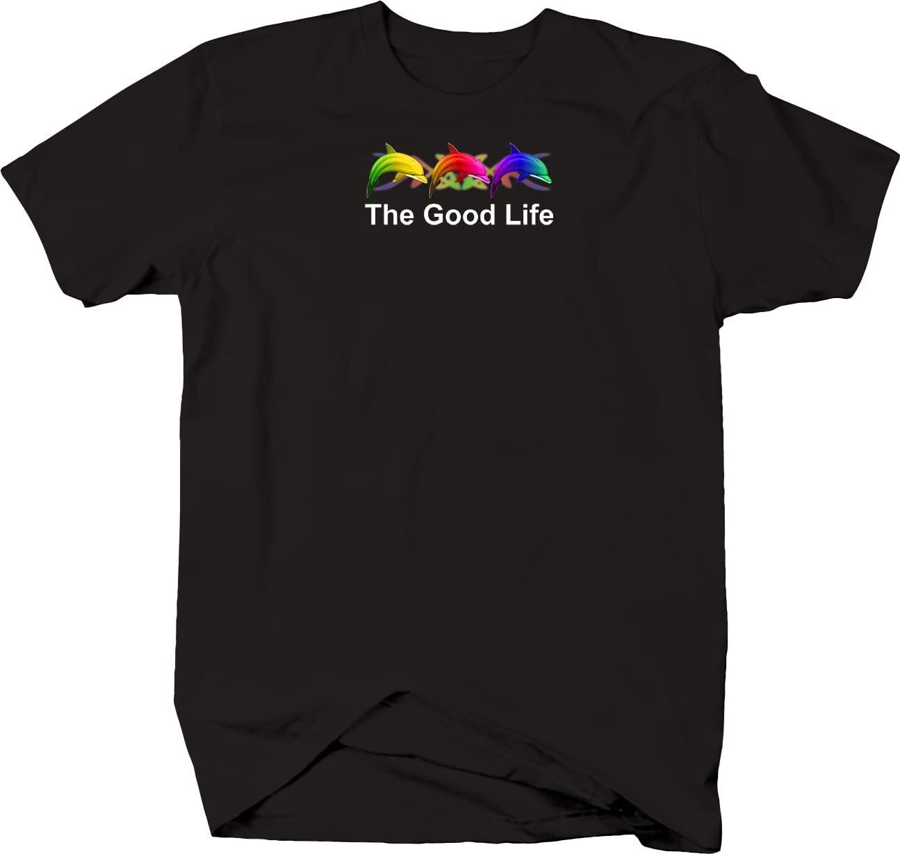 Neon Dolphins The Good Life Softstyle T-Shirt - Black | Comfortable Cotton Tee for Casual Wear, Beach Outings & Summer Fashion