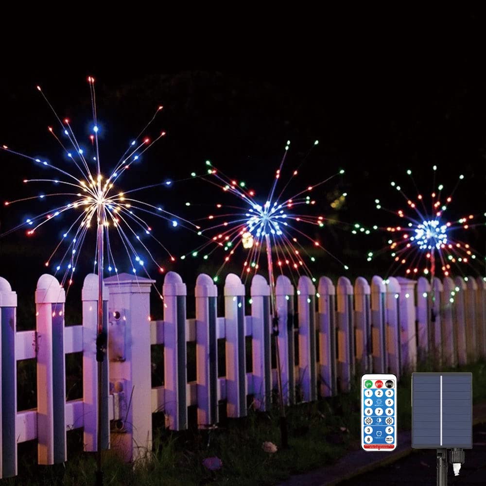 Upgraded 3 Pack Solar Garden Path Lights with Remote - 120 LED Solar Firework String Lights Outdoor Waterproof - 8 Modes Landscape Stake Lights for Walkway, Backyard, Patio, Christmas, Wedding, Party Decorations (Colorful) - Perfect for Outdoor Lighting, Landscape Decoration & Holiday Celebrations