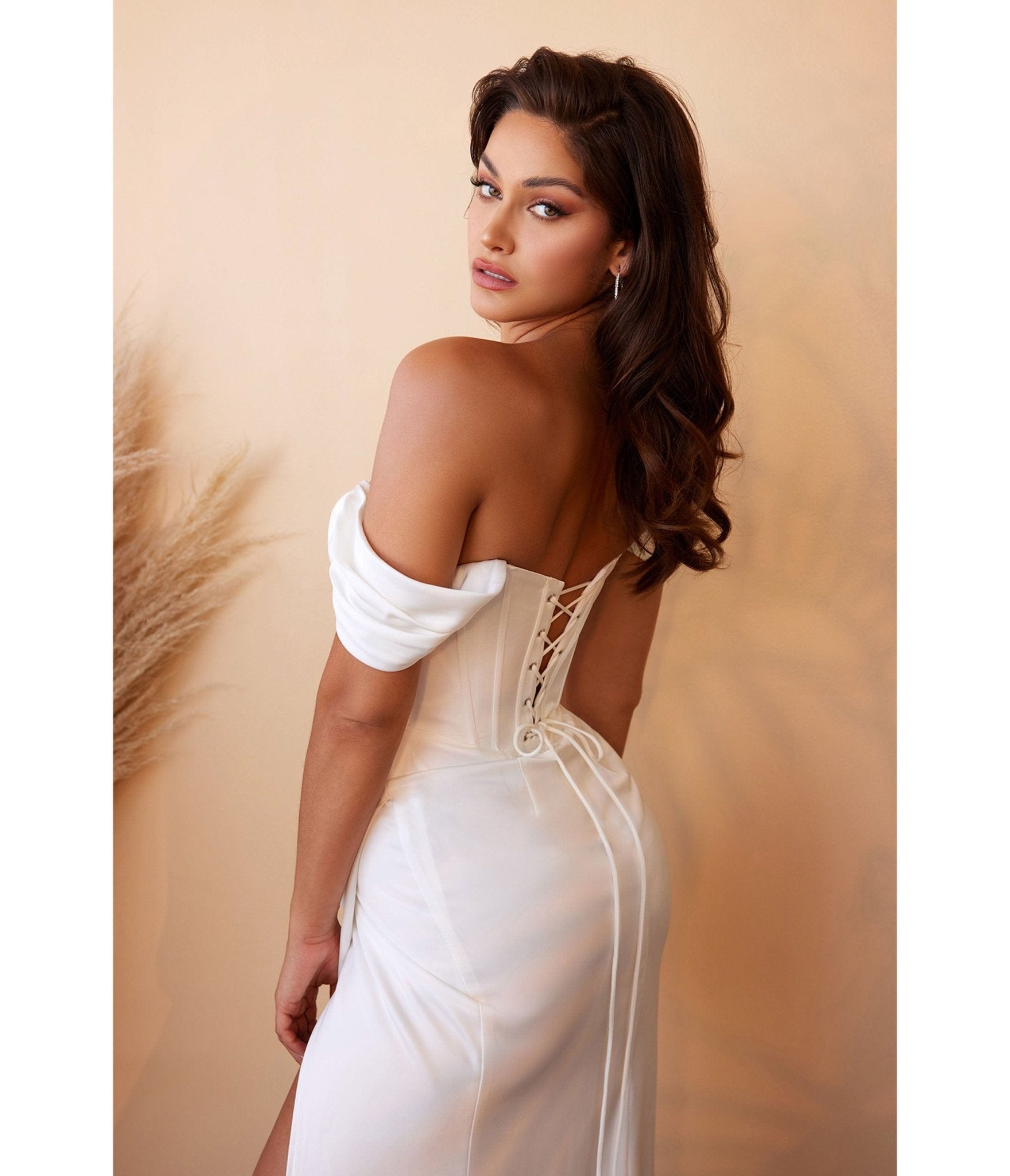 Ladivine by Cinderella Divine White Off The Shoulder Corset Satin Wedding Dress | Elegant Bridal Gown for Prom, Evening Gala & Formal Occasions