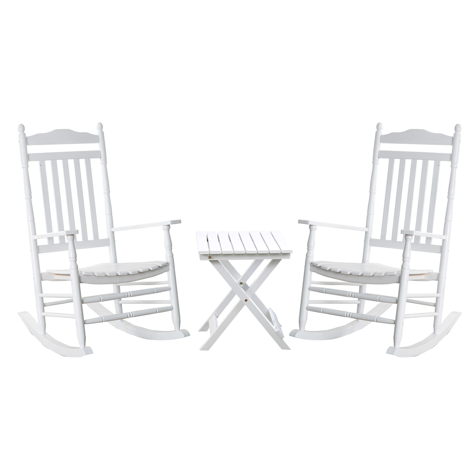 3-Piece Outdoor Patio Rocking Chair Set with 2 Rockers & Foldable Side Table - White Porch Bistro Furniture for Garden, Deck, and Backyard Relaxation