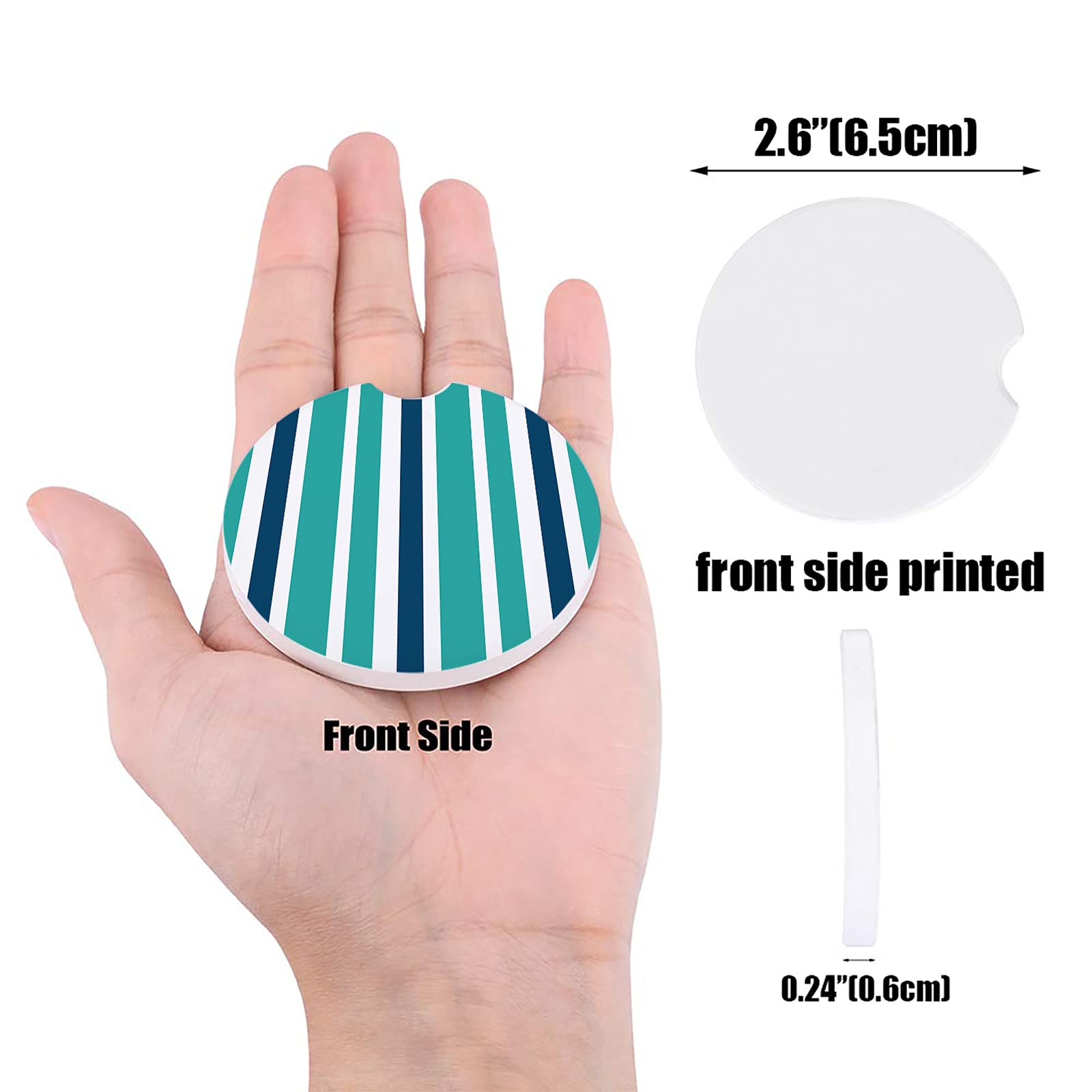 Nautical Stripes Car Cup Holders Coasters for Women & Men - 2 Pack Absorbent Ceramic Stone Drink Coasters Set in Navy Blue & Turquoise - Perfect for Cars, Offices & Home Use