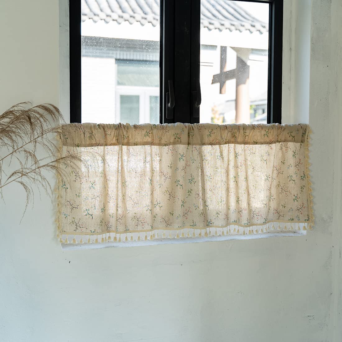 Boho Floral Printed Valance Curtains with Tassels - Cotton Linen Semi Sheer Rod Pocket Short Kitchen Cafe Curtains - 1 Panel (52