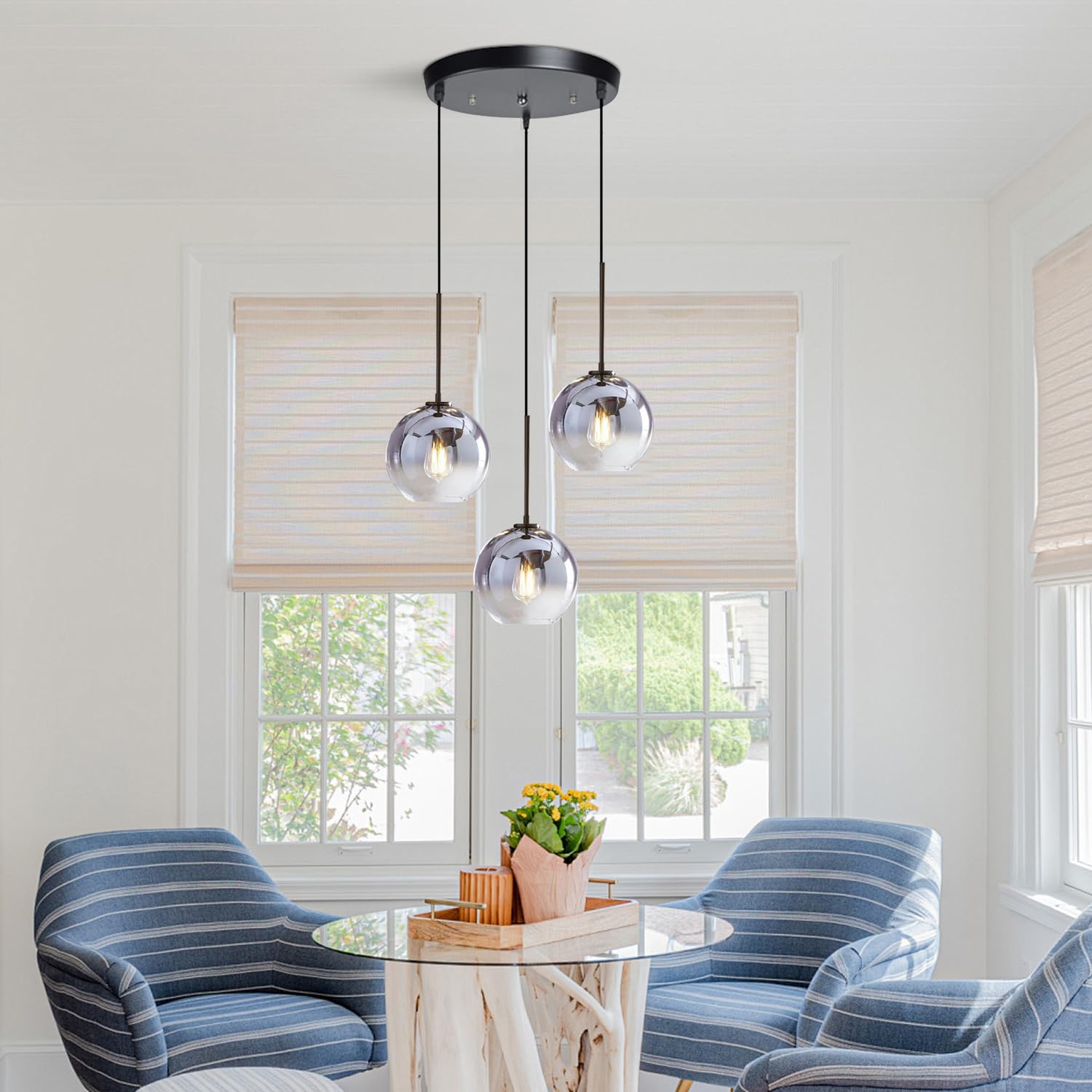 KCO Lighting 3-Pendant Modern Ceiling Chandelier - Large Glass Cluster Fixture with Nordic Mercury Glass Design | Perfect for Dining Room, Living Room & Bedroom Lighting