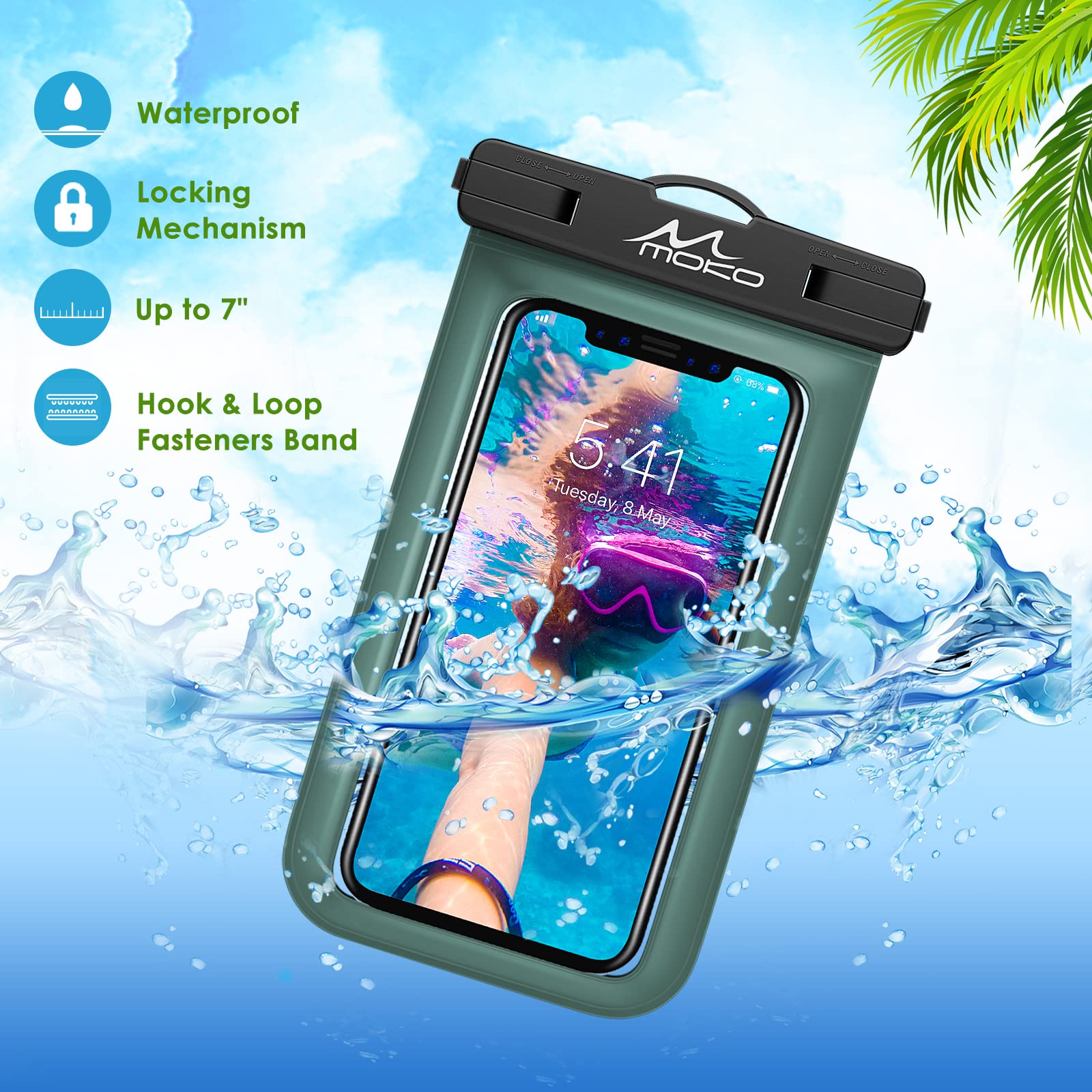 Waterproof Phone Pouch Case - IPX8 Dry Bag with Adjustable Lanyard & Armband for iPhone 16/15/14/13/12/11 Pro Max/X/Xr/Xs Max/SE 3 & Samsung S24/S23/S21/S20/S10/S9 - Military Green - Perfect for Swimming, Beach, Kayaking & Outdoor Activities