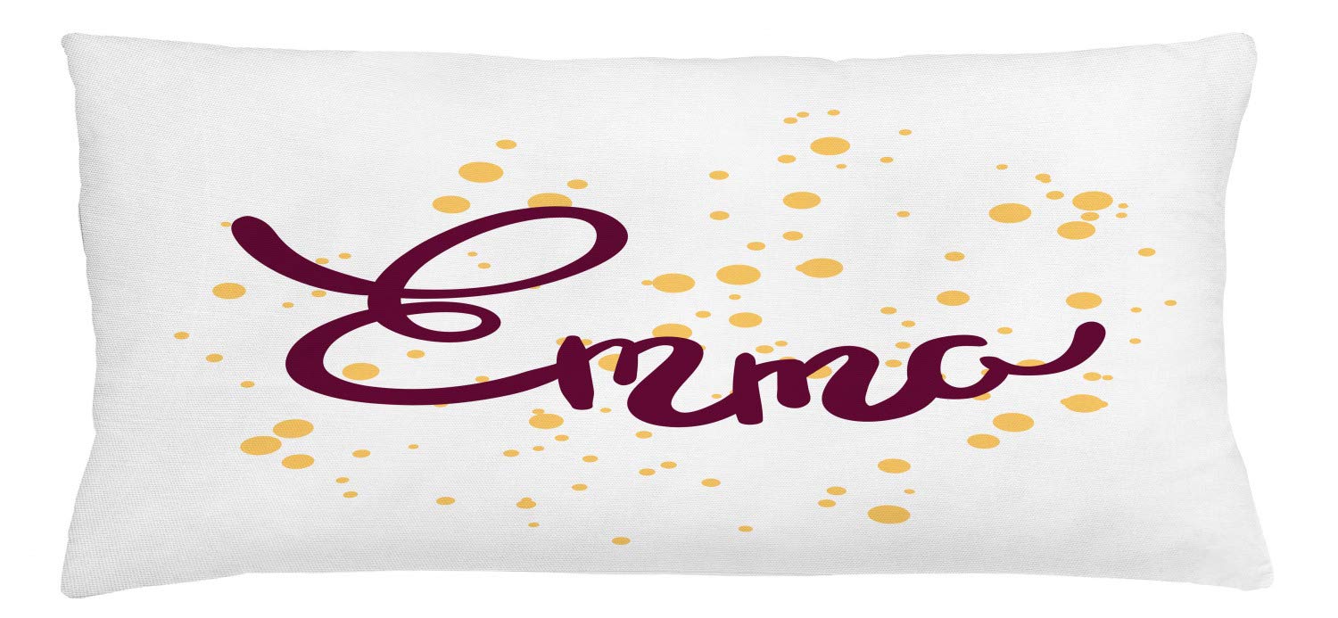Ambesonne Emma Throw Pillow Cover 36x16 Inch - Handwritten Letter Design with Swirls on Plain Background, Mustard & Purple Decorative Square Cushion Case for Sofa, Bed, Living Room Decor