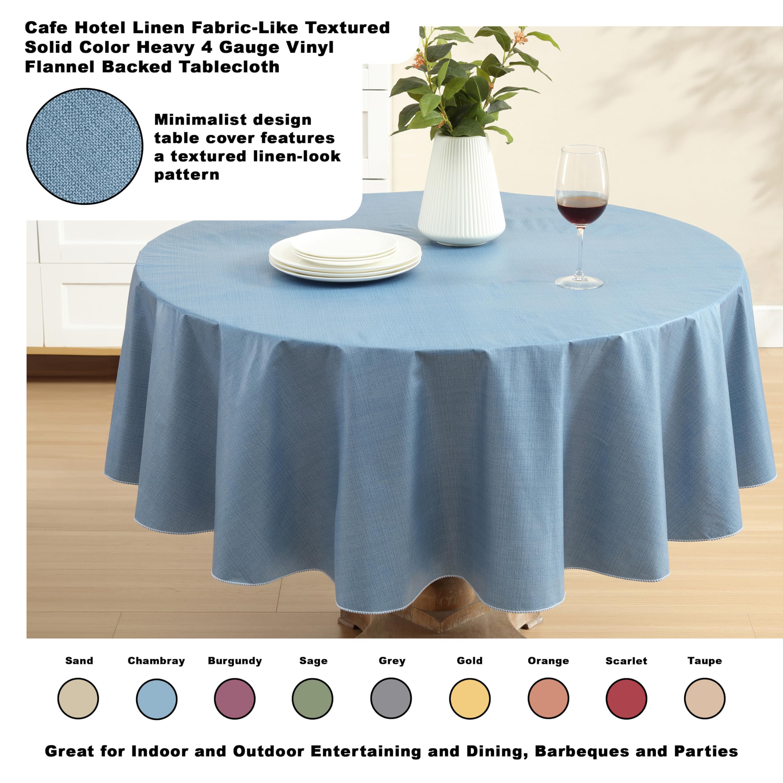 Premium Heavy 4-Gauge Vinyl Flannel Backed Tablecloth - Wipe Clean Indoor/Outdoor Use - 70 Inch Round Chambray Blue - Perfect for Cafes, Hotels, Restaurants & Home Dining
