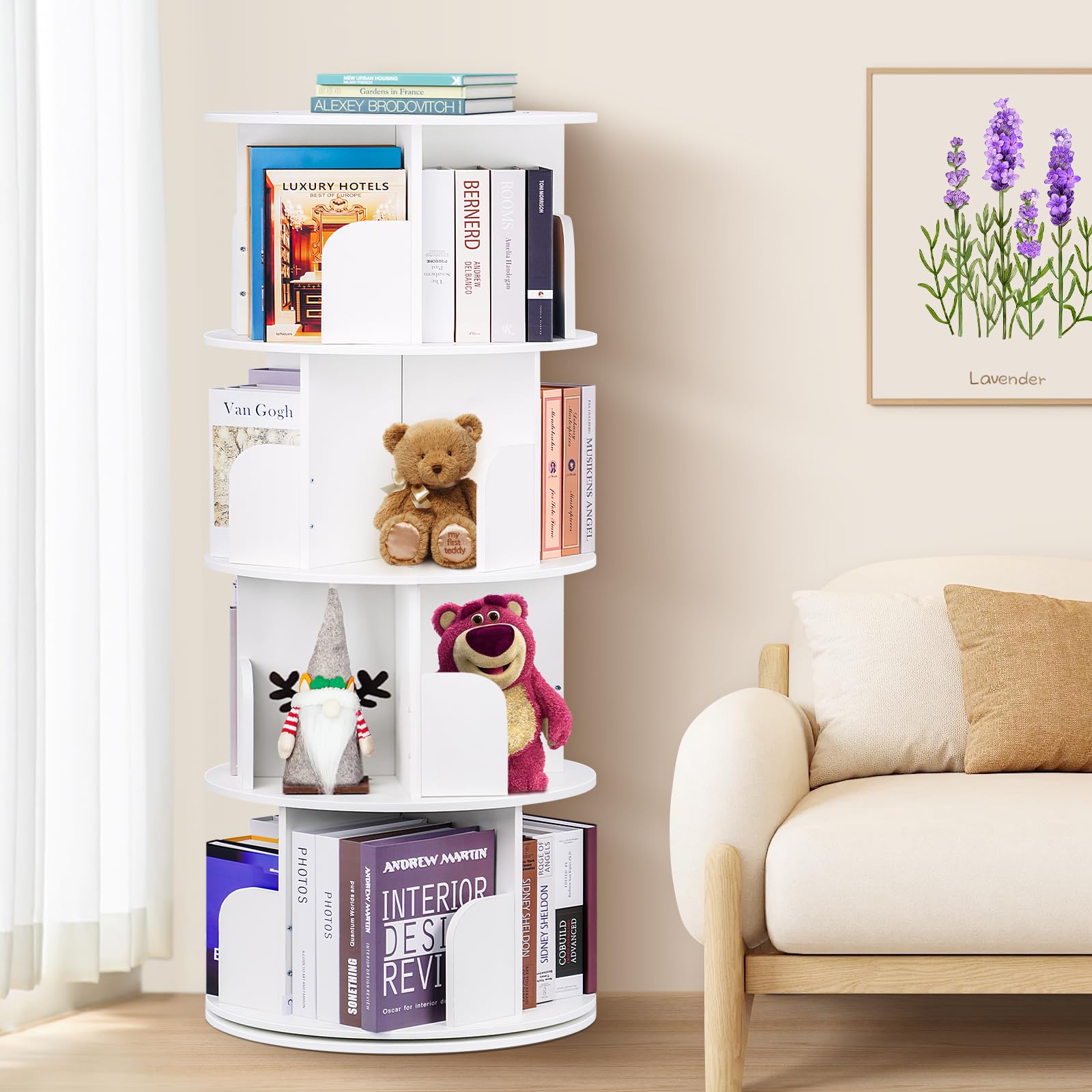 2025 New 4-Tier Rotating Kids Bookshelf - Compact Corner Bookcase for Small Spaces, 360° Display Floor Standing Book Storage Organizer - Perfect for Home Office, Bedroom & Living Room - Ideal for Nursery, Playroom & Study Areas