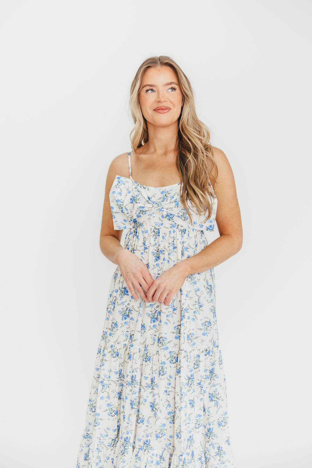 Cecile Women's 100% Cotton Floral Maxi Dress with Bow Front - Cream & Blue Floral Print, Summer Beach Dress for Vacation, Party, and Casual Wear