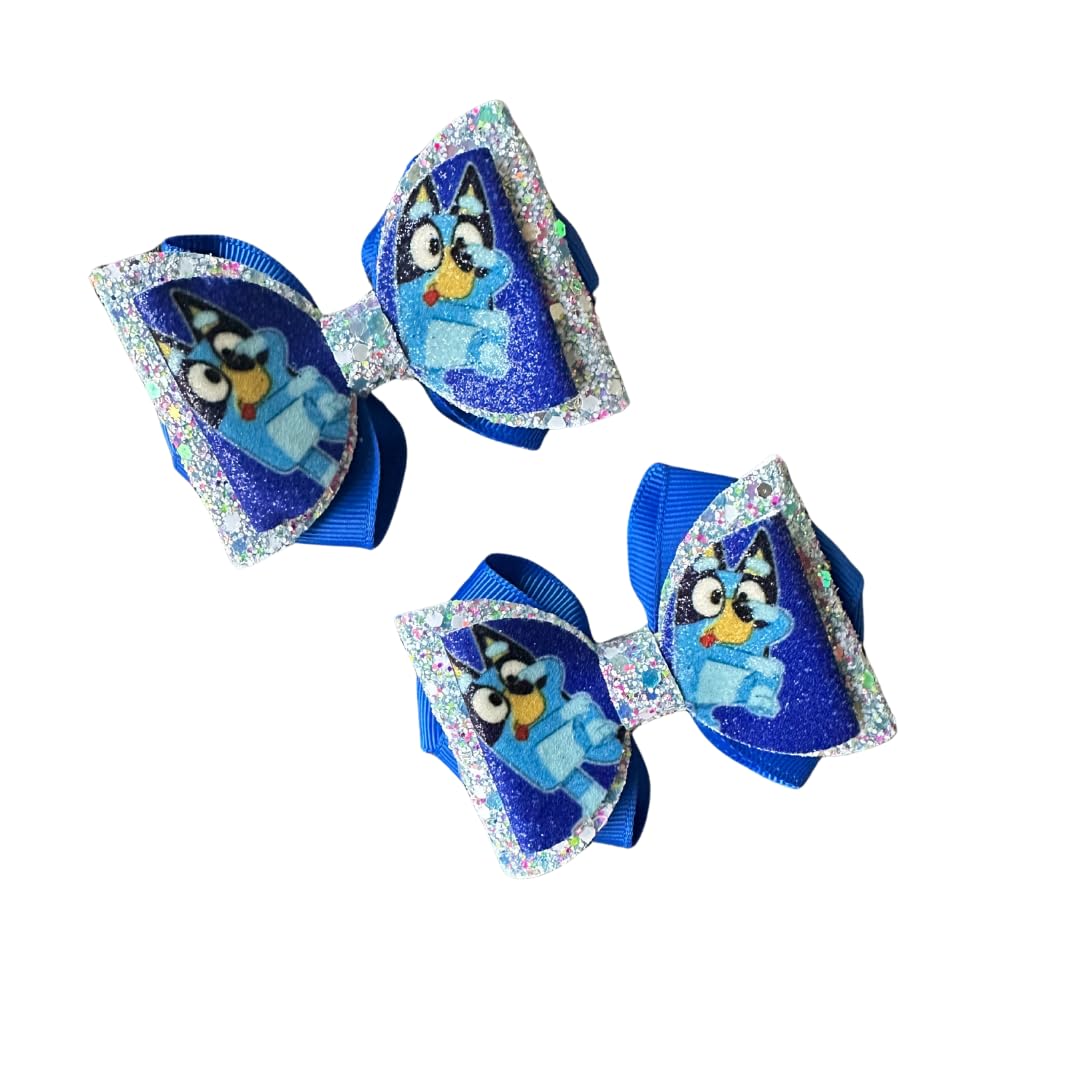 Sparkly Blue Dog Themed Hair Bow Set - 2 Pack | Birthday Party Hair Accessories, Cosplay Costume Bows, Cartoon Character Inspired Hair Clips for Girls & Kids | Perfect for Birthday Gifts, Dress Up Play & Themed Parties