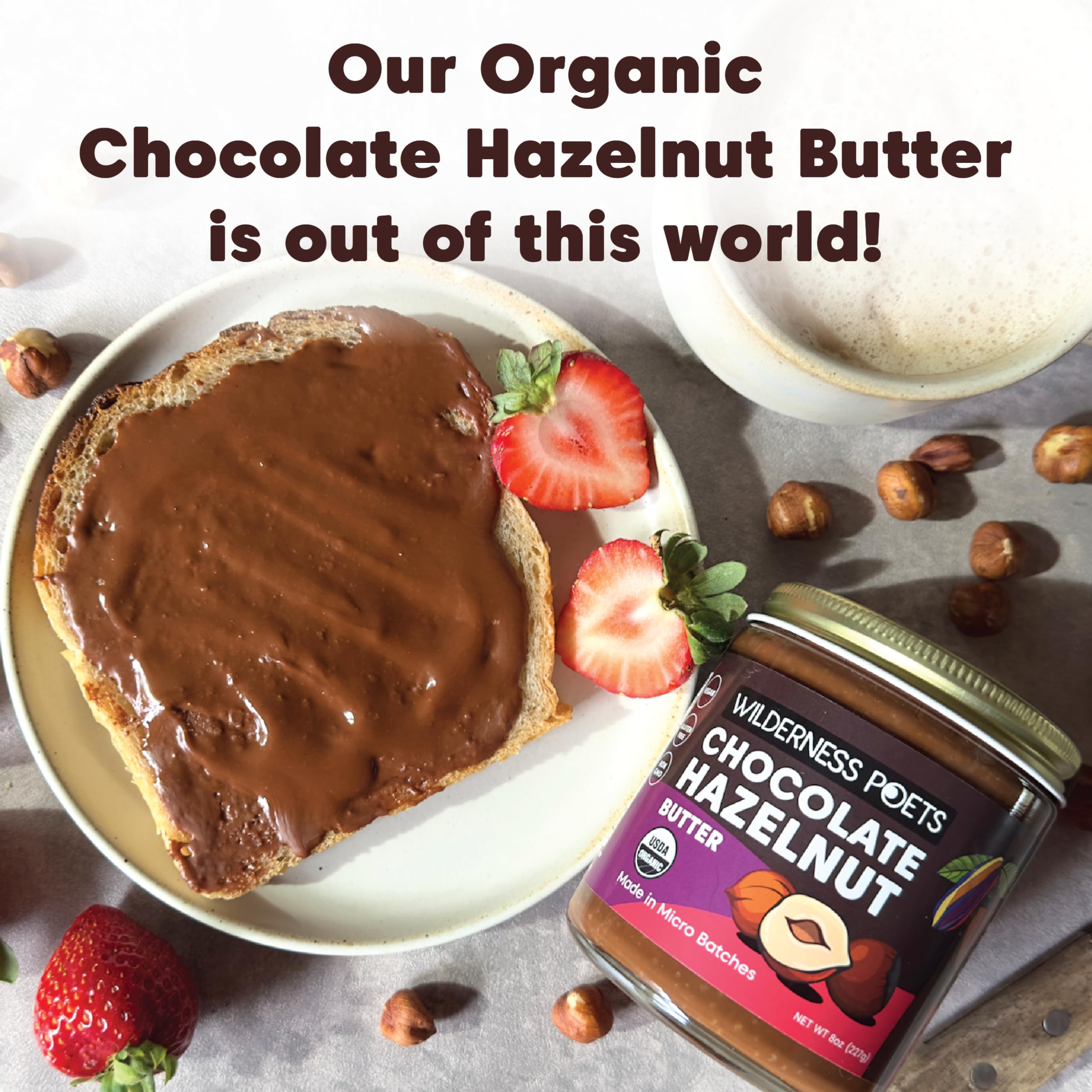 Organic Chocolate Hazelnut Butter - 70% Hazelnuts, 30% Dark Chocolate - Healthy Snack for Hiking & Breakfast