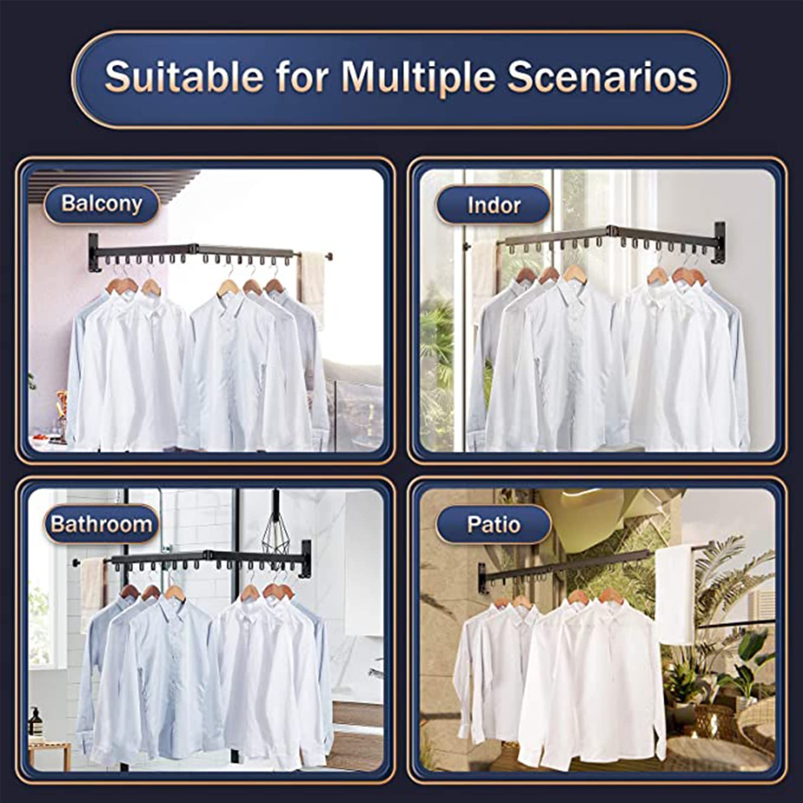 Foldable Wall Mounted Clothes Drying Rack - Space Saving Retractable Laundry Hanger for Balcony, Bathroom, Patio & Bedroom - Portable Collapsible Design (3-Tier Gold) - Perfect for Small Apartments, Dorms & Travel Use