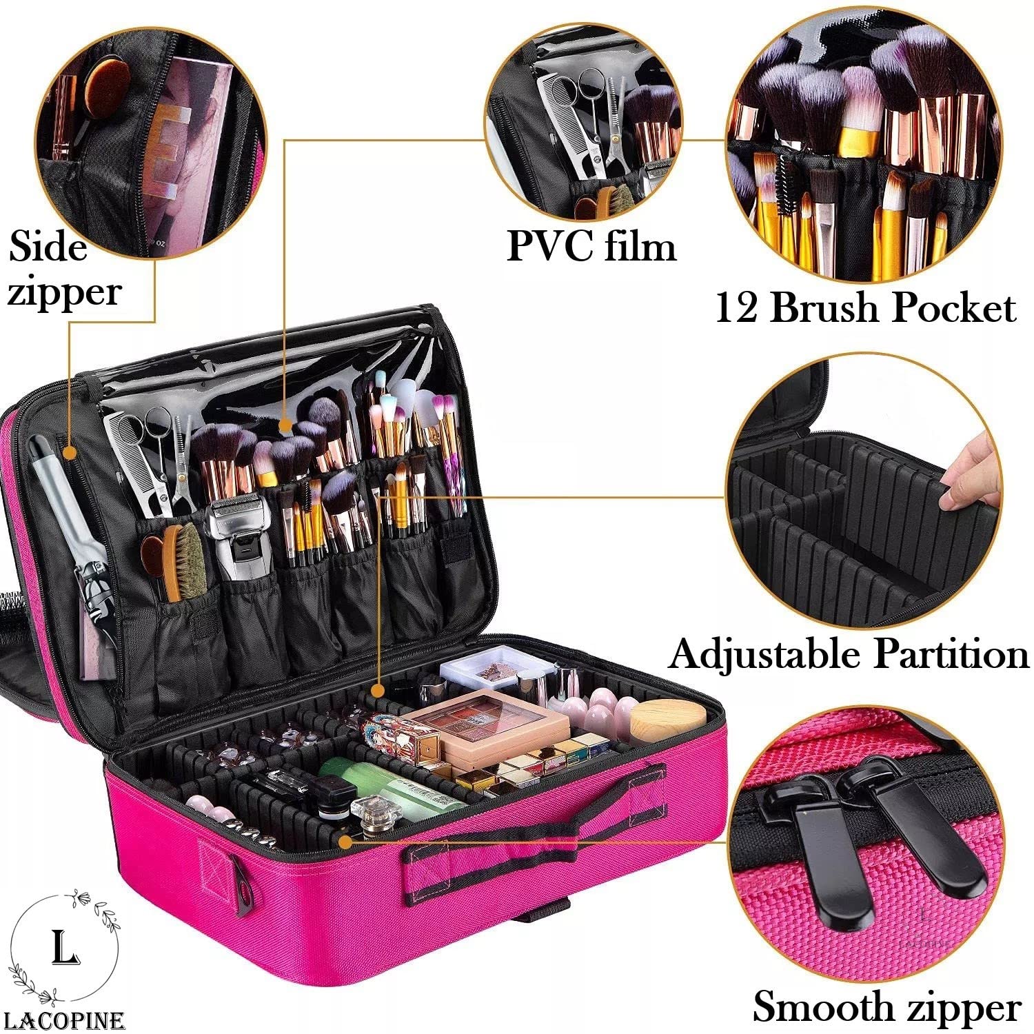 LACOPINE 30cm Polyester Casual Makeup Pouch - Pink Cosmetic Organizer Bag for Travel, Gym & Everyday Use