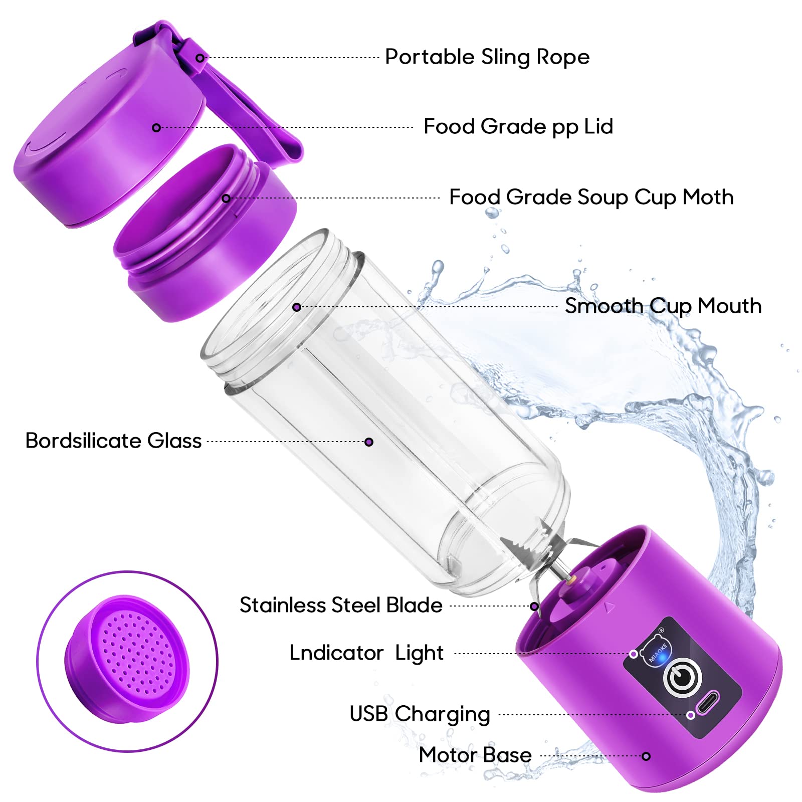 Portable USB Rechargeable Mini Blender - MIAOKE 3D 6-Blade Personal Smoothie Maker for Juice, Shakes & Drinks - Perfect for Home, Office, Gym & Travel - Dark Purple