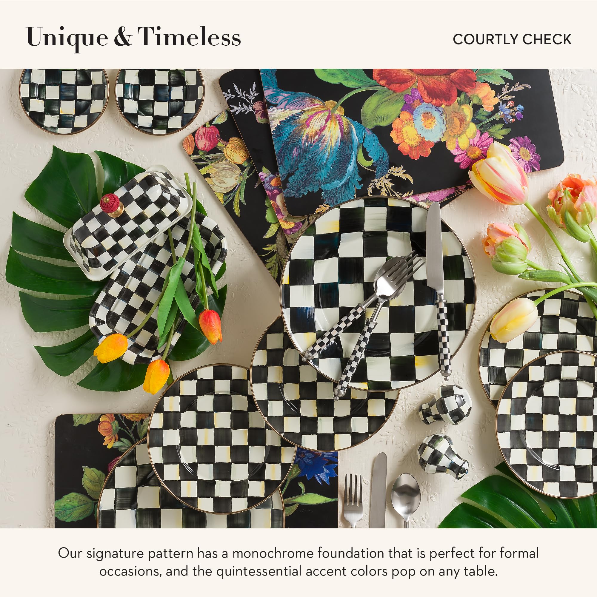 MACKENZIE-CHILDS Supper Club Salad Serving Set - Elegant Black & White Checkered Salad Fork & Spoon - Decorative Kitchen Utensils for Dinner Parties, Buffets & Entertaining