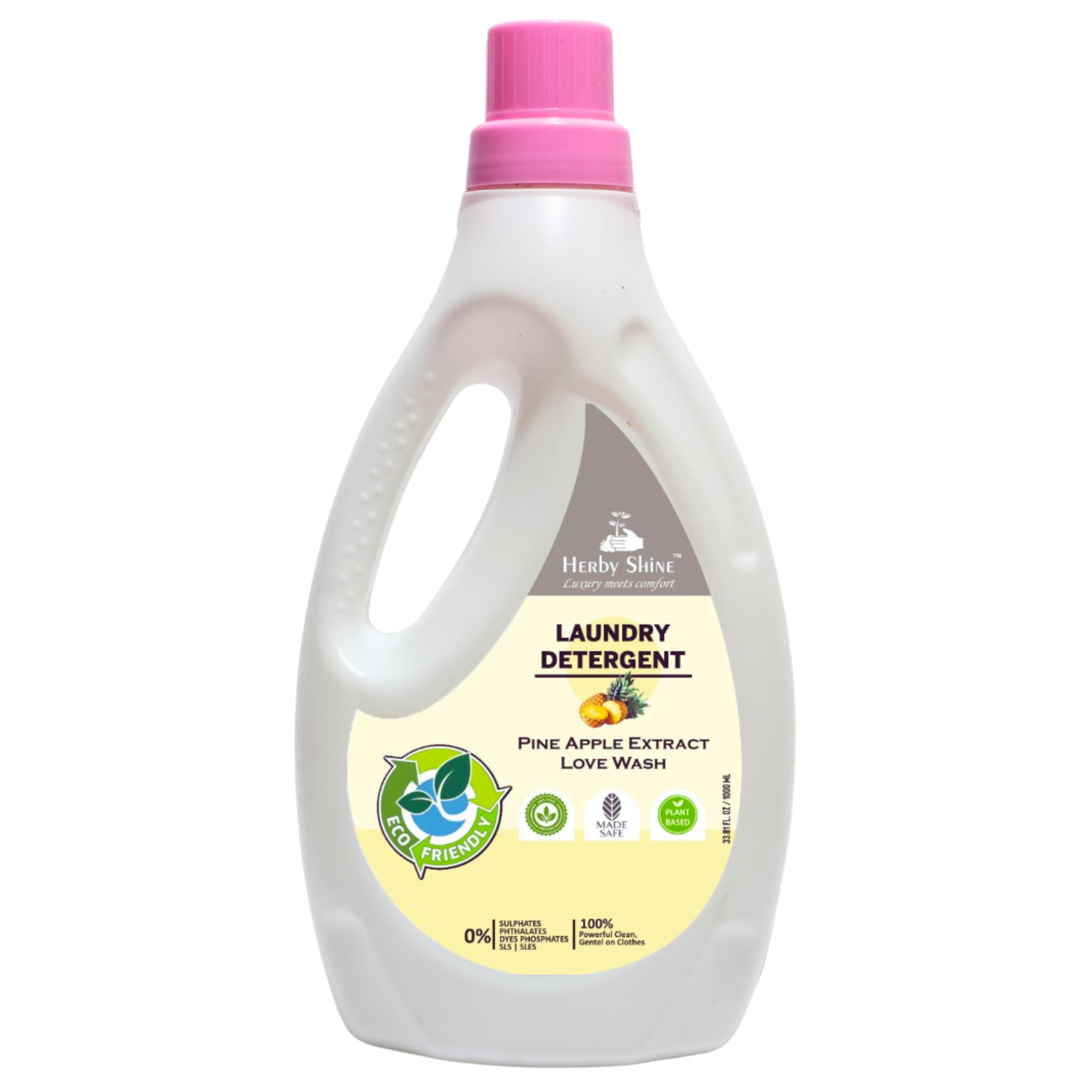 HerbyShine Liquid Laundry Detergent 1 Liter - Top Load & Front Load Washing Machine Safe, pH Balanced Formula with Pineapple Fragrance | Gentle on Clothes, Ideal for Everyday Laundry & Stain Removal