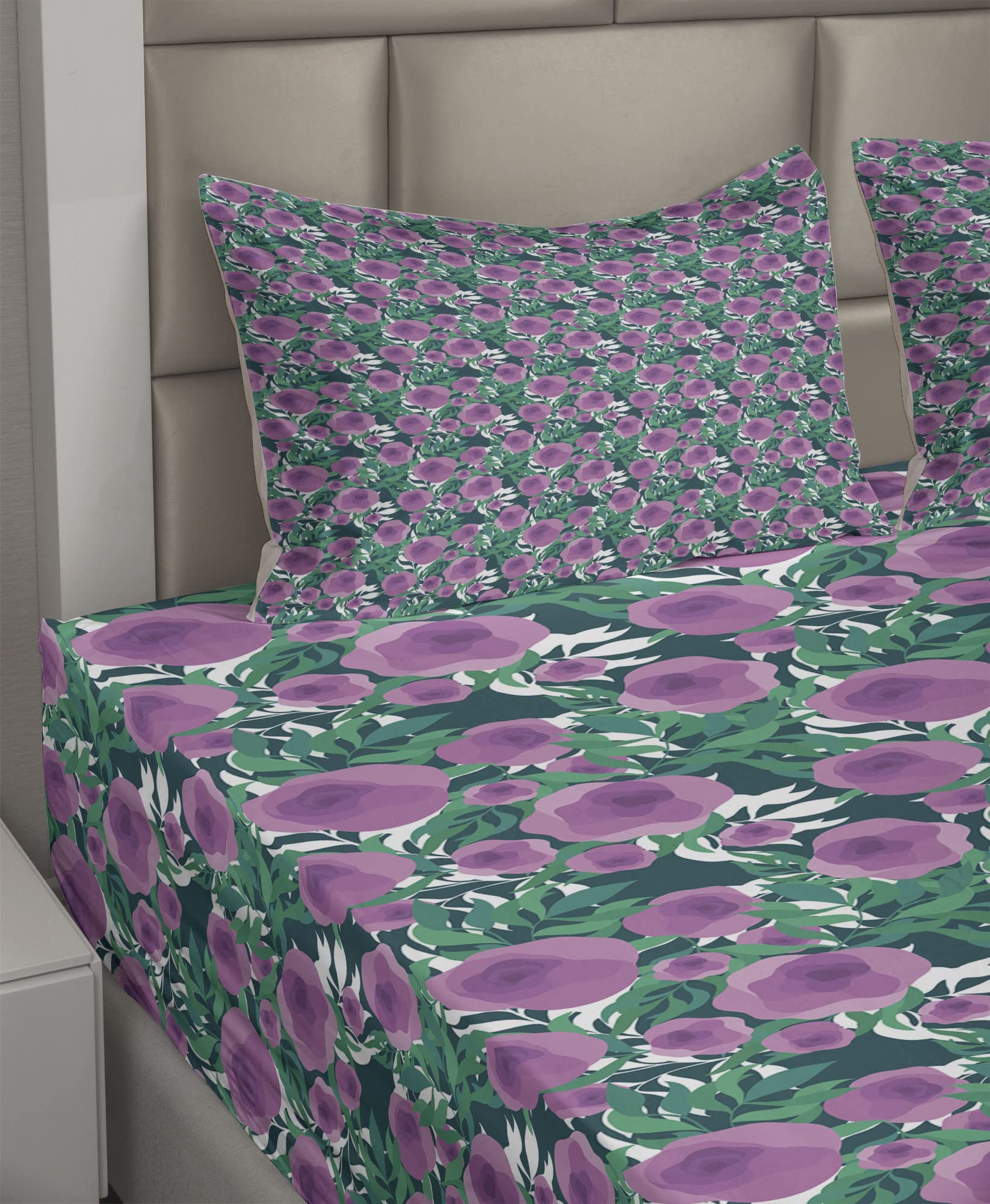 Ambesonne Floral King Size 4-Piece Sheet Set - Blossoming Flowers & Leaves Design, Fitted & Flat Sheets with Pillowcases, Pale Fuchsia & Sea Green - Perfect for Spring Bedroom Decor, Guest Room Makeover, or Boho Chic Home Styling