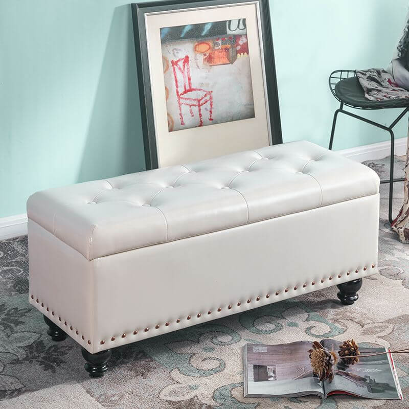 Water Resistant Stitch Tufted Upholstered Storage Ottoman with Nailhead Trim - Green/Peony/Butter Color, Modern Style with Legs - Perfect for Living Room, Bedroom & Home Office Organization