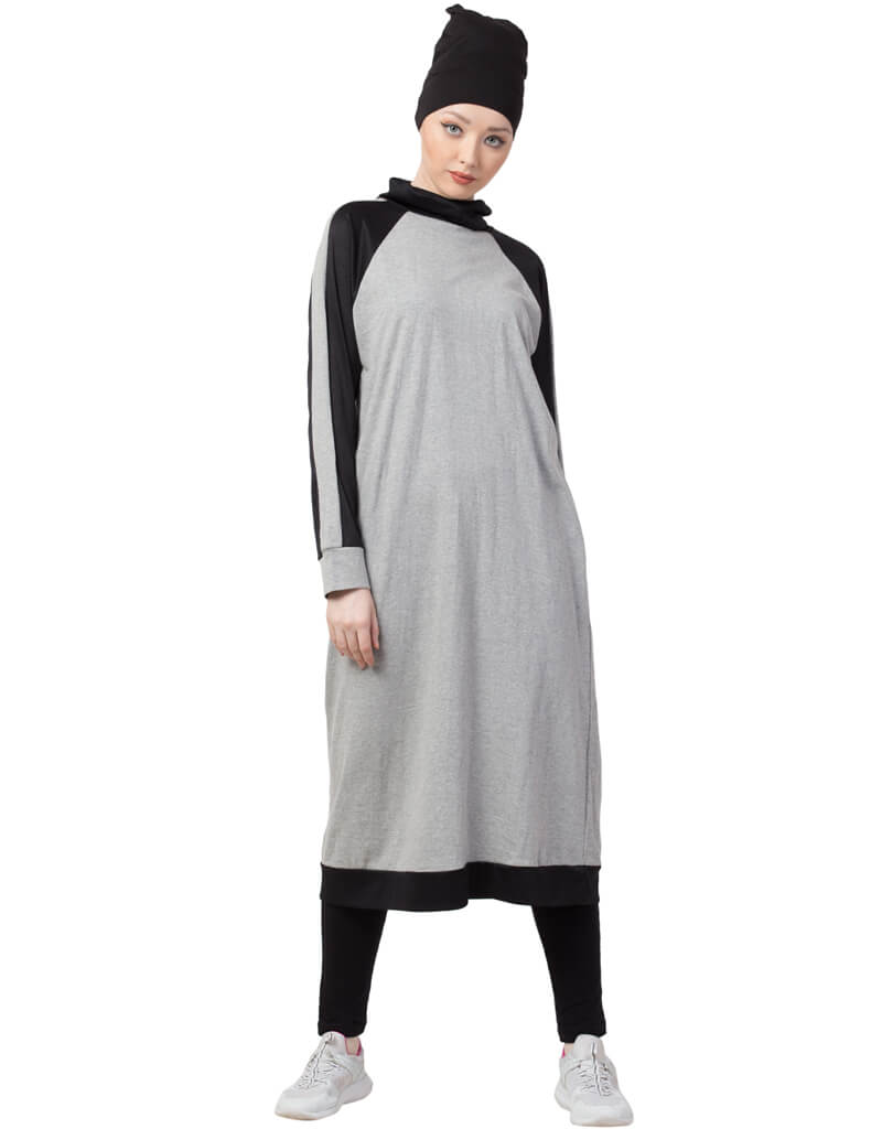 Arabic Contrast Knits Sports Abaya With Legging Grey - Modest Islamic Workout Outfit for Women, Gym & Yoga
