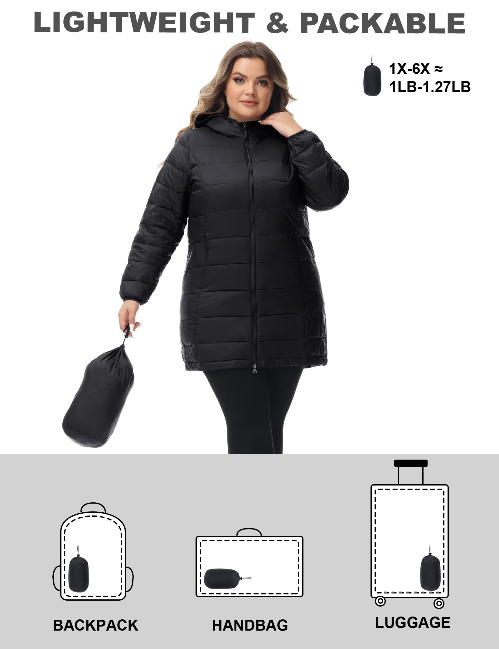 Royal Matrix Women's Plus Size Lightweight Packable Hooded Puffer Jacket - Quilted Long Coat for Spring & Fall - Perfect for Outdoor Activities, Travel & Casual Wear