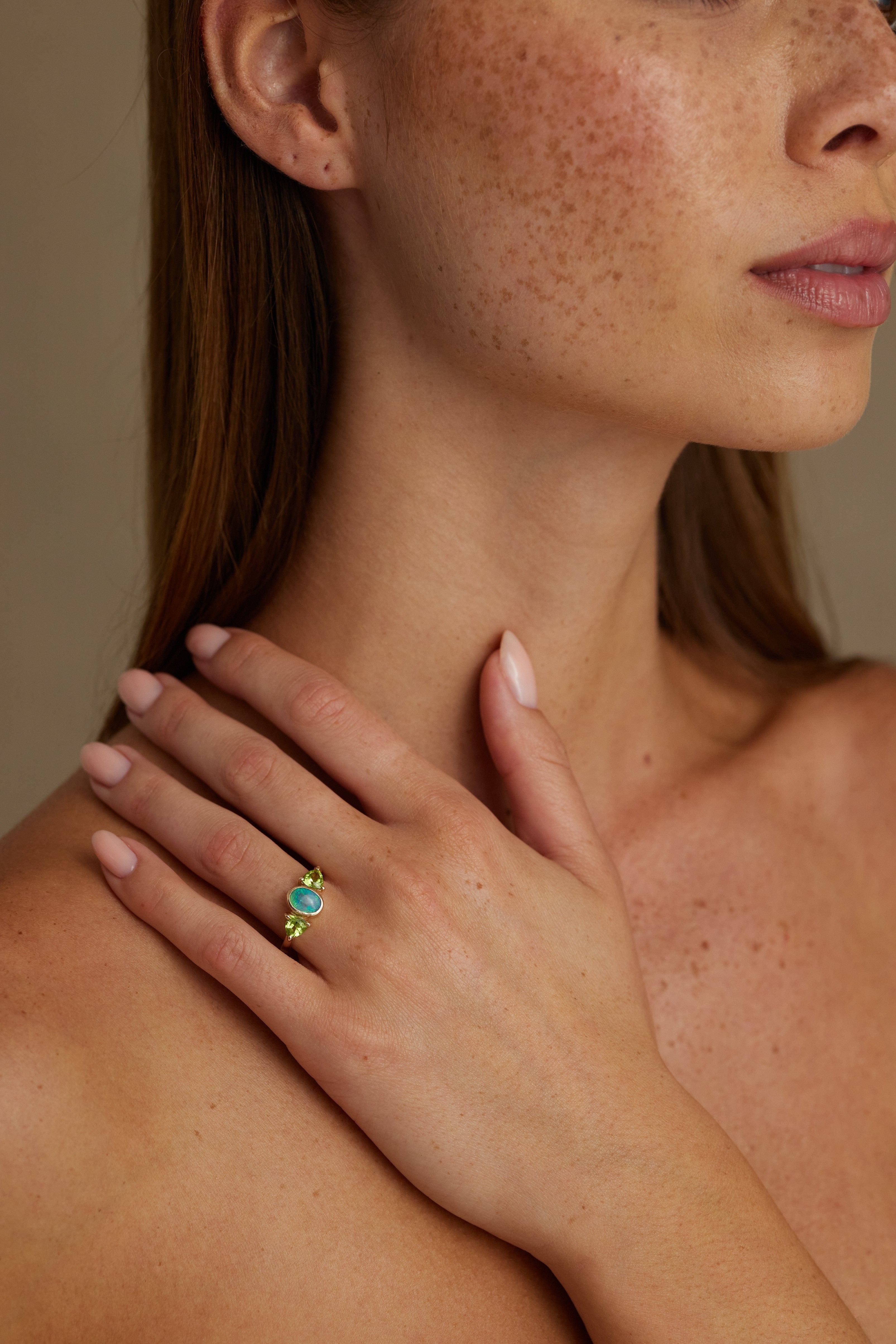 14K Yellow Gold Envy Opal and Peridot Ring - Elegant Stackable Band for Women, Perfect for Wedding, Anniversary & Everyday Jewelry
