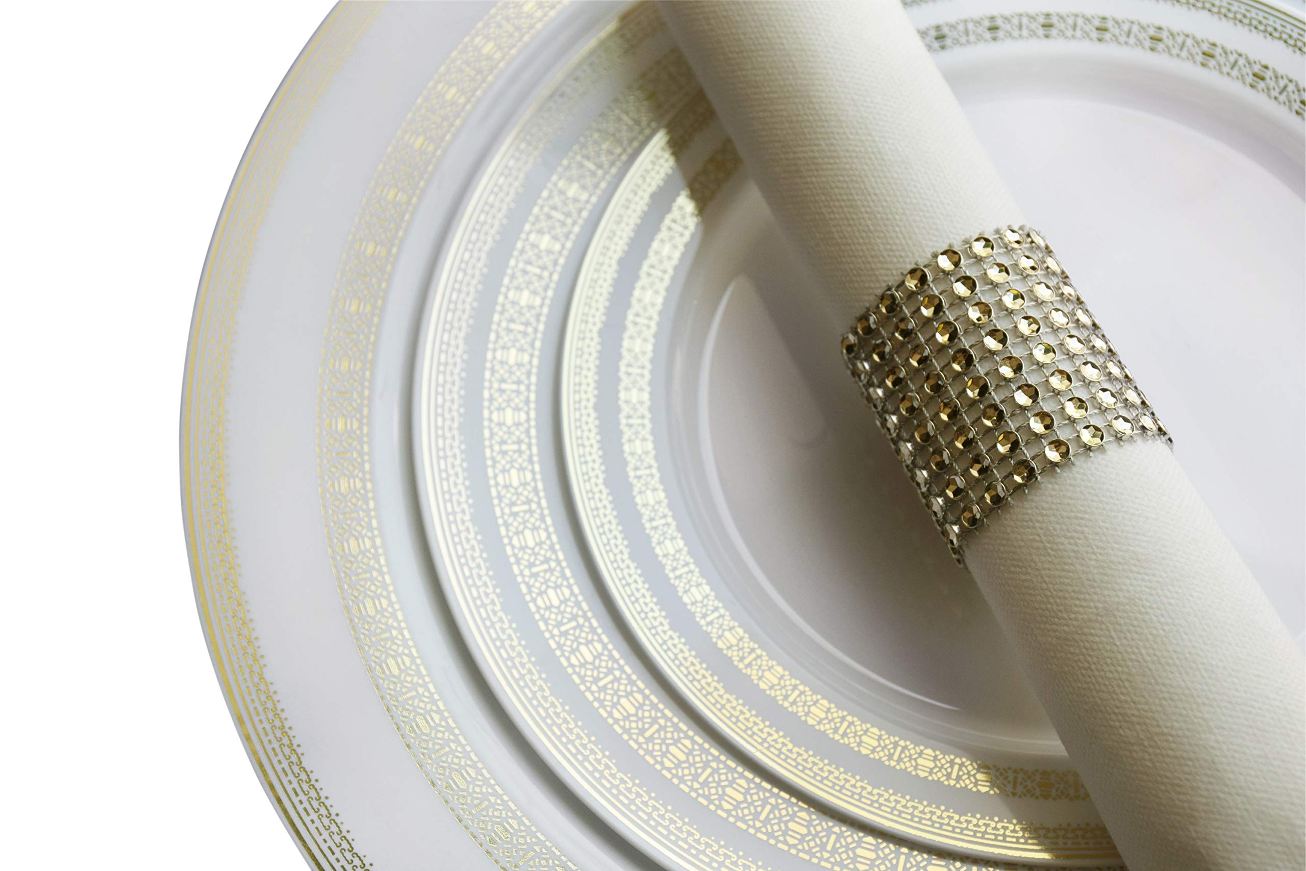 120 Heavyweight Disposable Plastic Plates for Weddings & Parties - 10.5'' Elegant White & Gold Lace Dinner Plates - Perfect for Wedding Receptions, Bridal Showers, Birthday Parties & Special Events