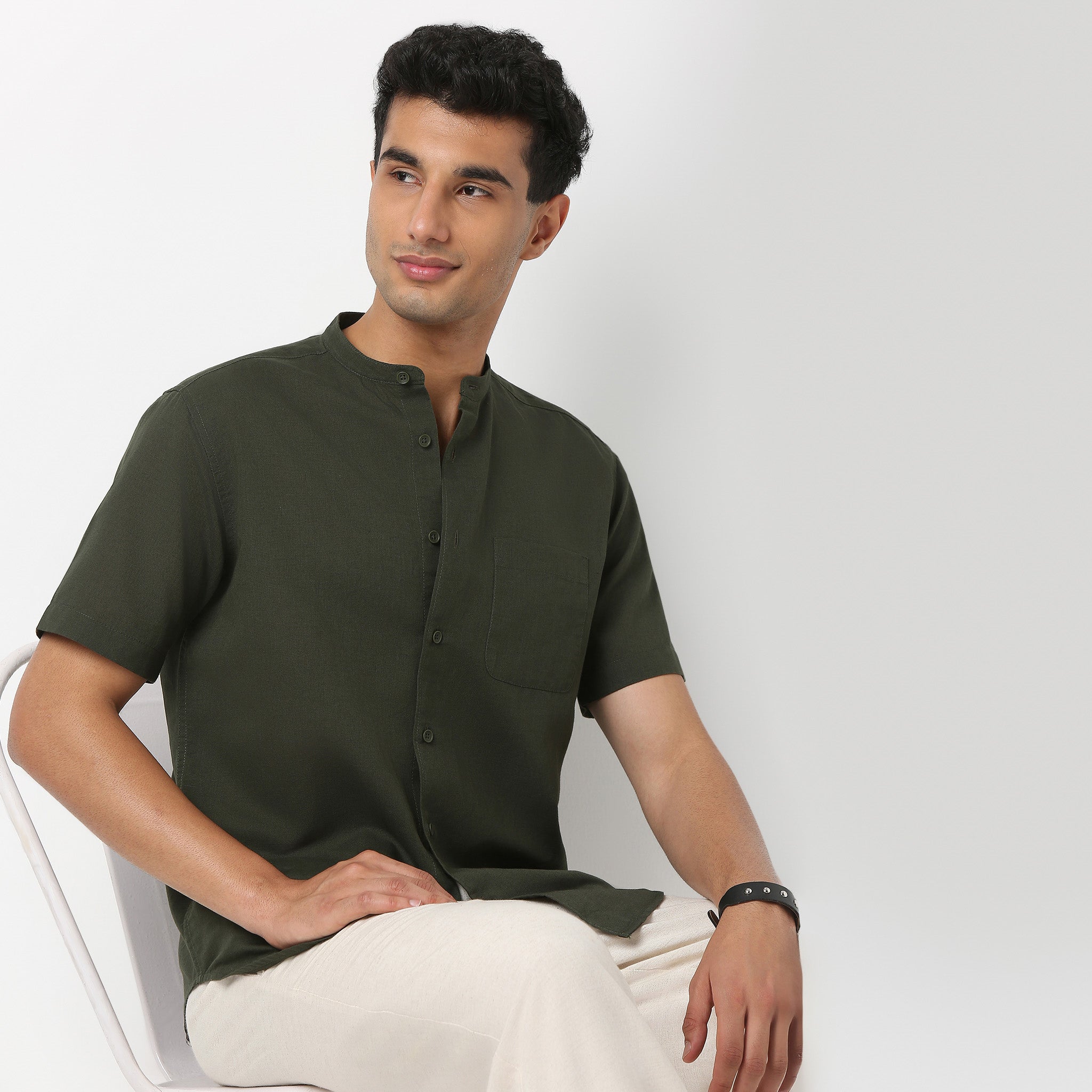 Premium Linen Blend Shirt for Men - Half Sleeve Band Collar Comfortable Natural Fabric - Perfect for Summer, Casual Wear & Office Outfits