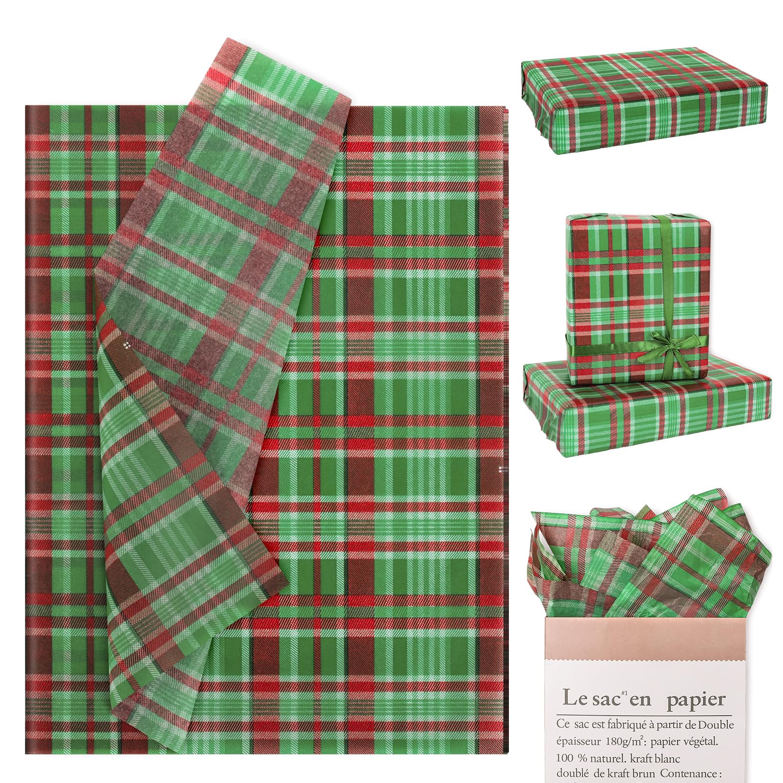 Whaline 100 Sheets Christmas Plaid Tissue Paper - Red & Green Buffalo Check Gift Wrapping Paper for Xmas, Birthday, Wedding, Holiday Presents (13.7 x 19.6 Inch) - Perfect for DIY Crafts, Party Decorations, and Festive Gift Packaging