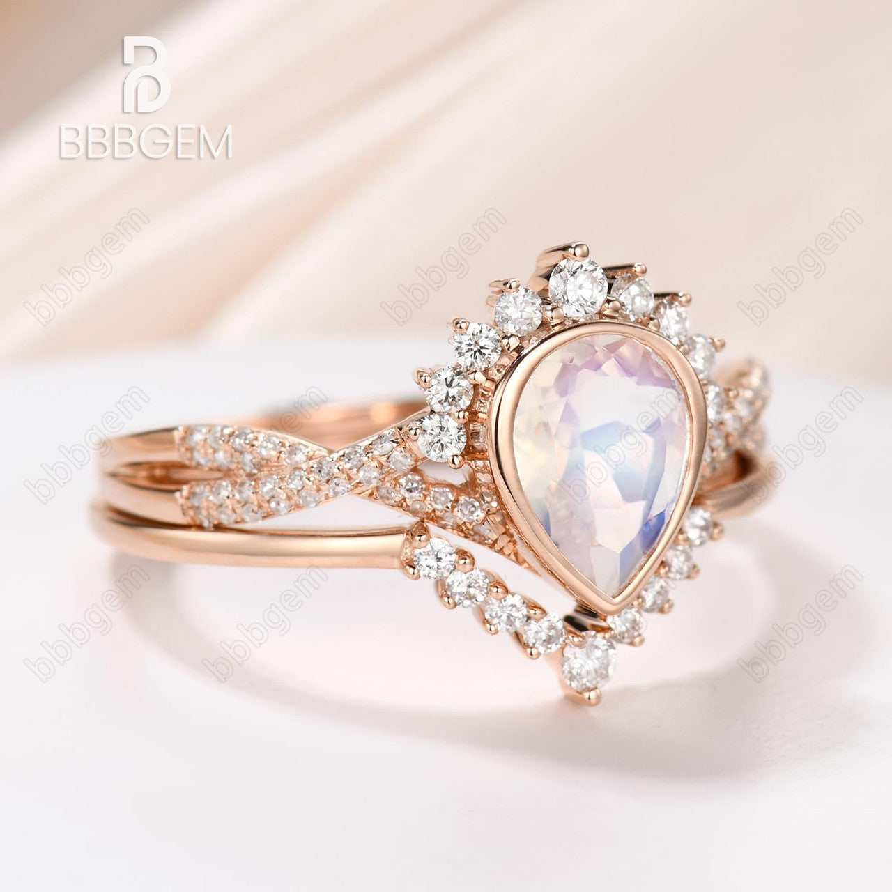 1 Carat Pear Shaped Moonstone Engagement Ring Set with Rose Gold Diamond Wedding Band - Perfect for Bridal Jewelry, Anniversary Gifts & Romantic Proposals
