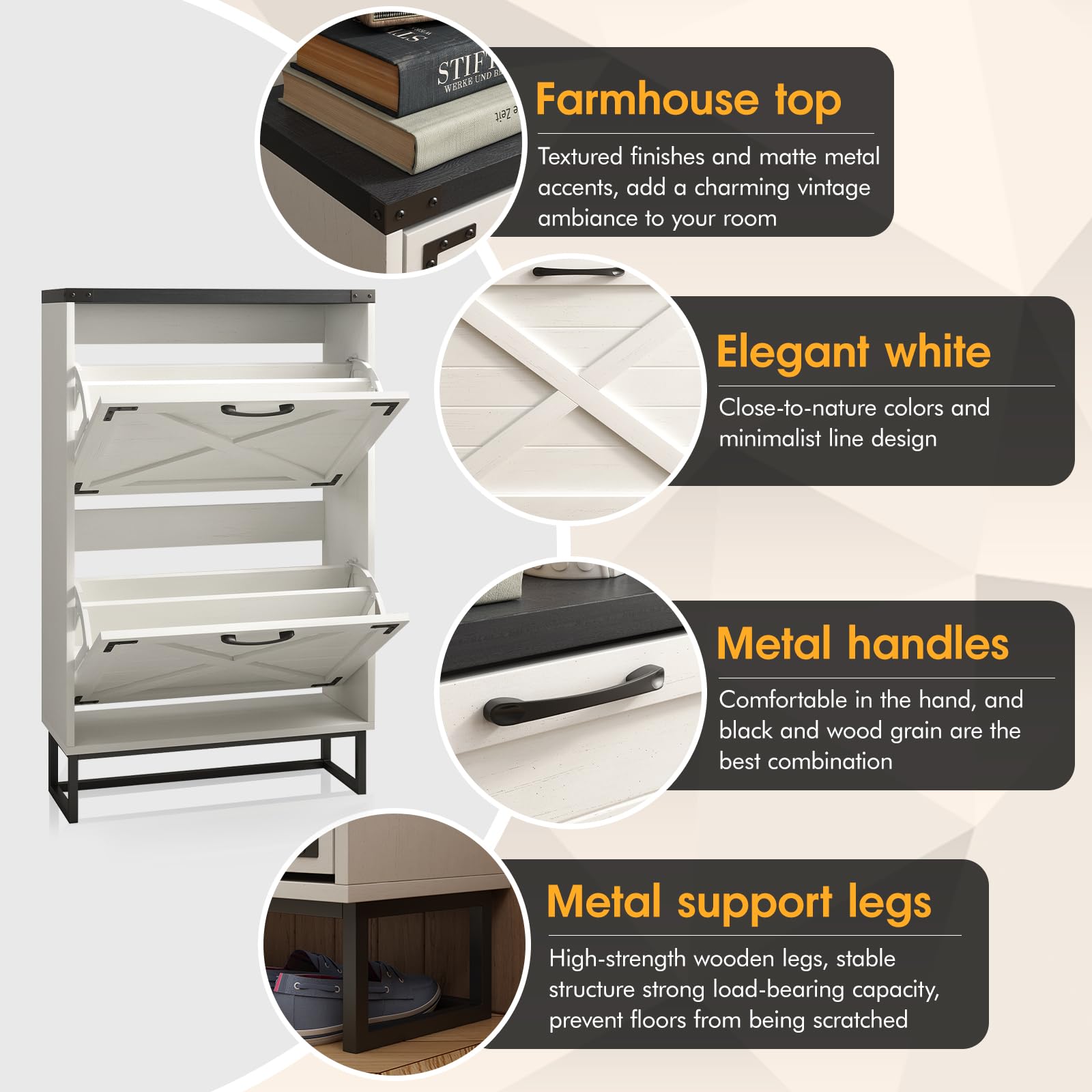 Maupvit 24 Inch Wide White Farmhouse Style Shoe Storage Cabinet - Freestanding Entryway Organizer with 2 Flip-Up Drawers, Narrow Shoe Rack with Decorative Metal Corners - Perfect for Small Spaces, Hallways and Closet Organization