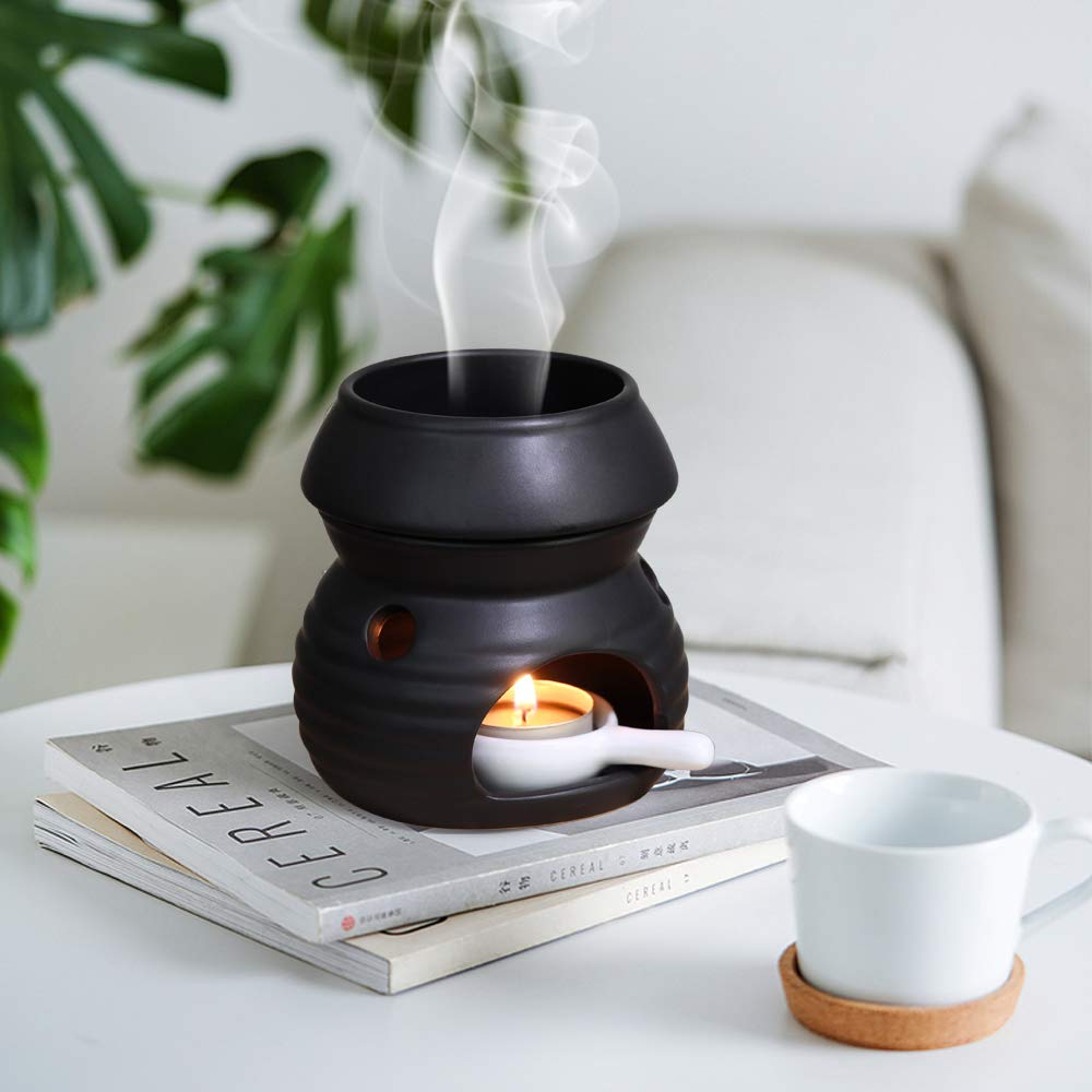 **ComSaf Ceramic Essential Oil Burner & Wax Melt Warmer with Candle Spoon - Aromatherapy Diffuser for Yoga, Spa, Home Decor - Perfect Christmas & Housewarming Gift (Black, 1 Pack)**    *(Use for relaxation, meditation, home fragrance, and creating a cozy ambiance)*