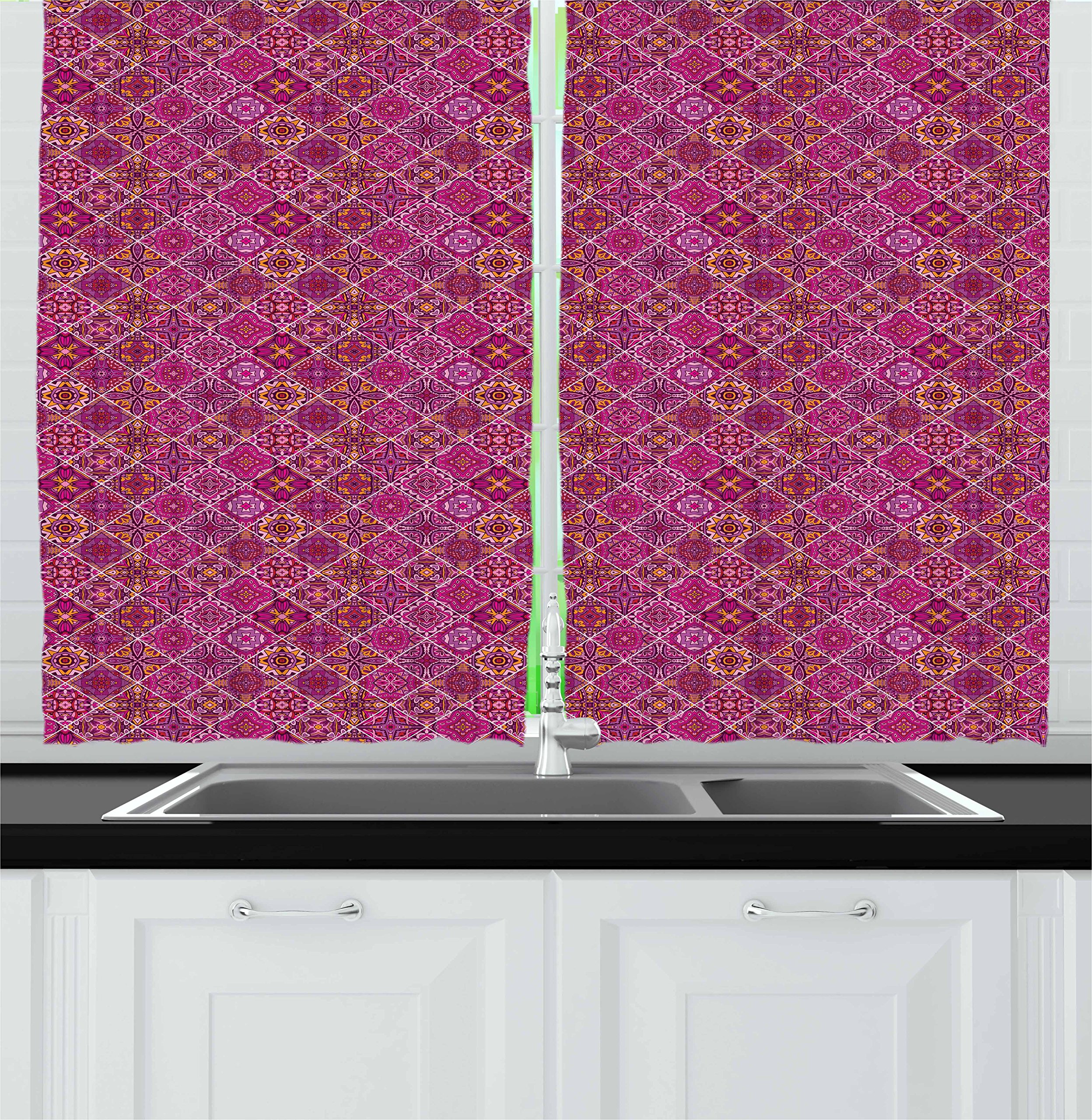 Ambesonne Moroccan Kitchen Curtains - Abstract Pink & Checkered Pattern Window Drapes, 2 Panel Set 55