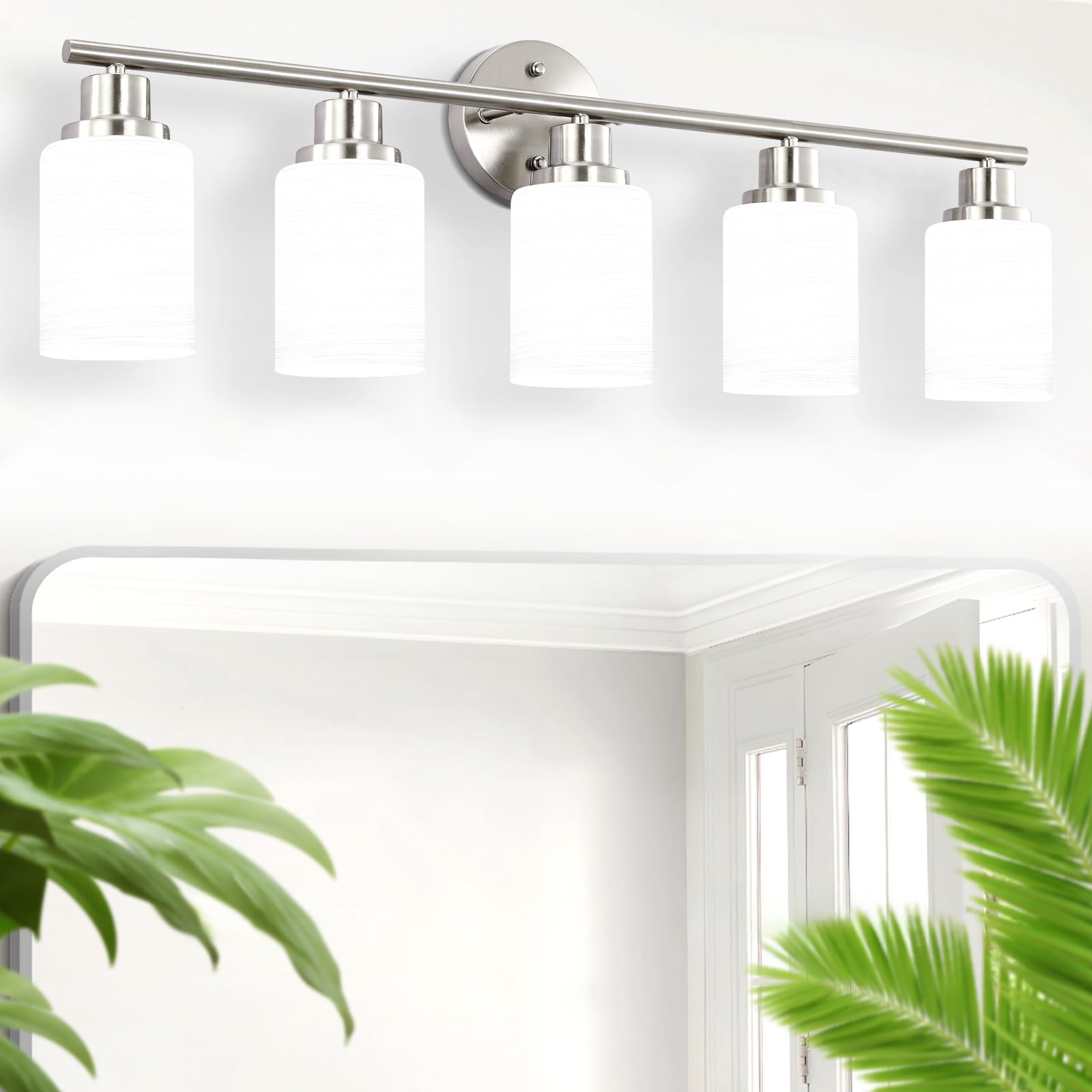 5-Light Brushed Nickel Bathroom Vanity Light Fixture with Frosted Glass Shade - Modern Mirror Lighting for Bathroom, Bedroom & Dressing Room