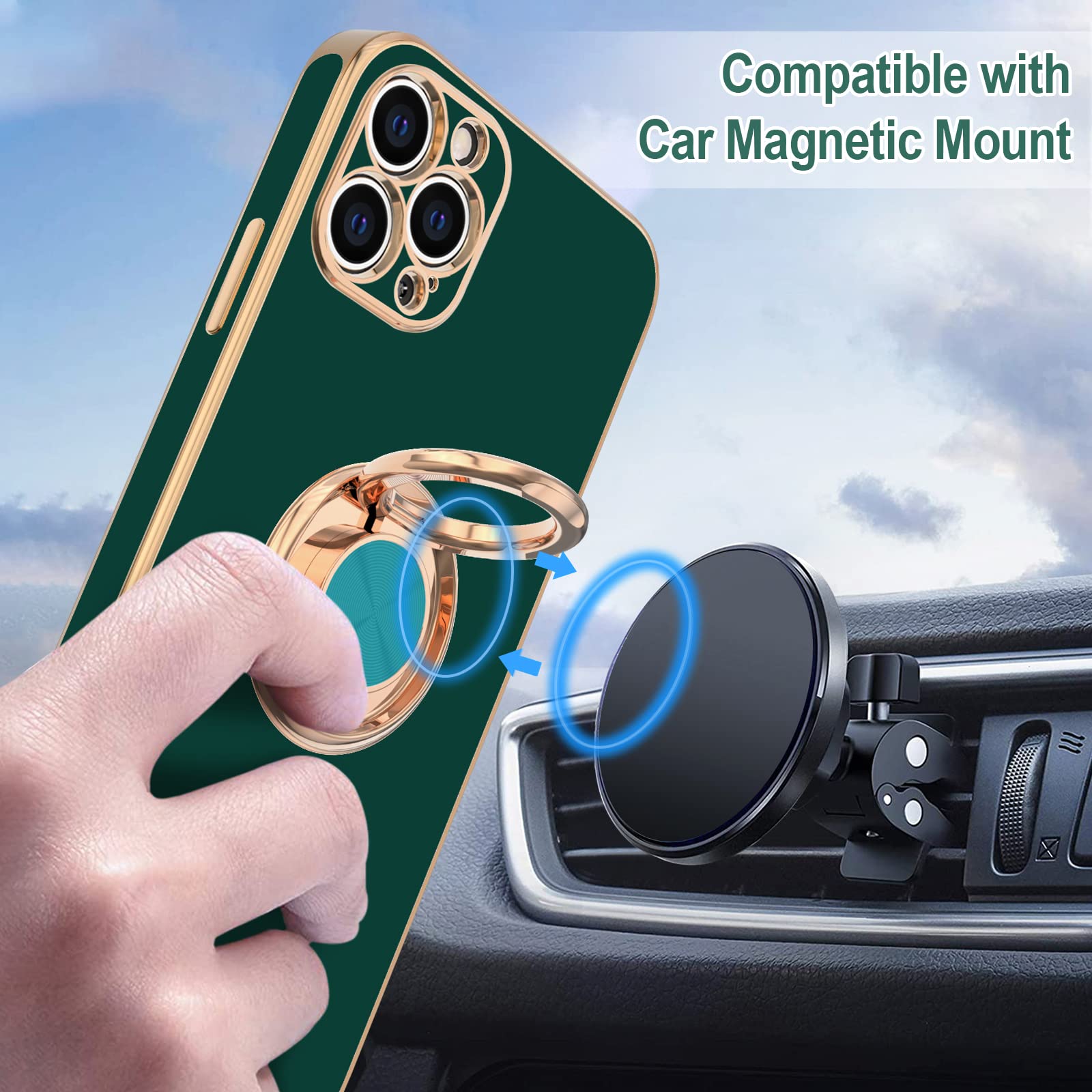Hython Magnetic Phone Case for iPhone 12 Pro Max - 360° Rotatable Ring Stand with Kickstand, Soft Microfiber Lining & Rose Gold Plated Edge - Protective Cover in Midnight Green | Perfect for Work, Travel and Hands-Free Viewing