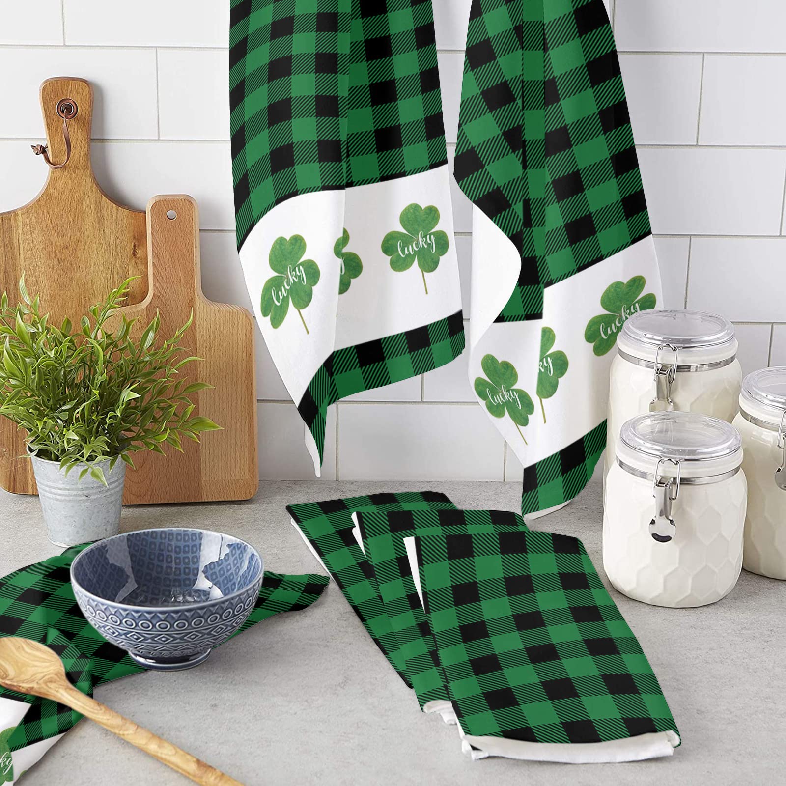 St. Patrick's Day Kitchen Towels - 4 Pack Microfiber Cleaning Cloths with Lucky Shamrock & Buffalo Plaid Design - 18x28 Inch Absorbent Reusable Dish Towels for Kitchen, Bar, Tea Service - Perfect for Irish-Themed Parties, Holiday Decor & Everyday Cleaning