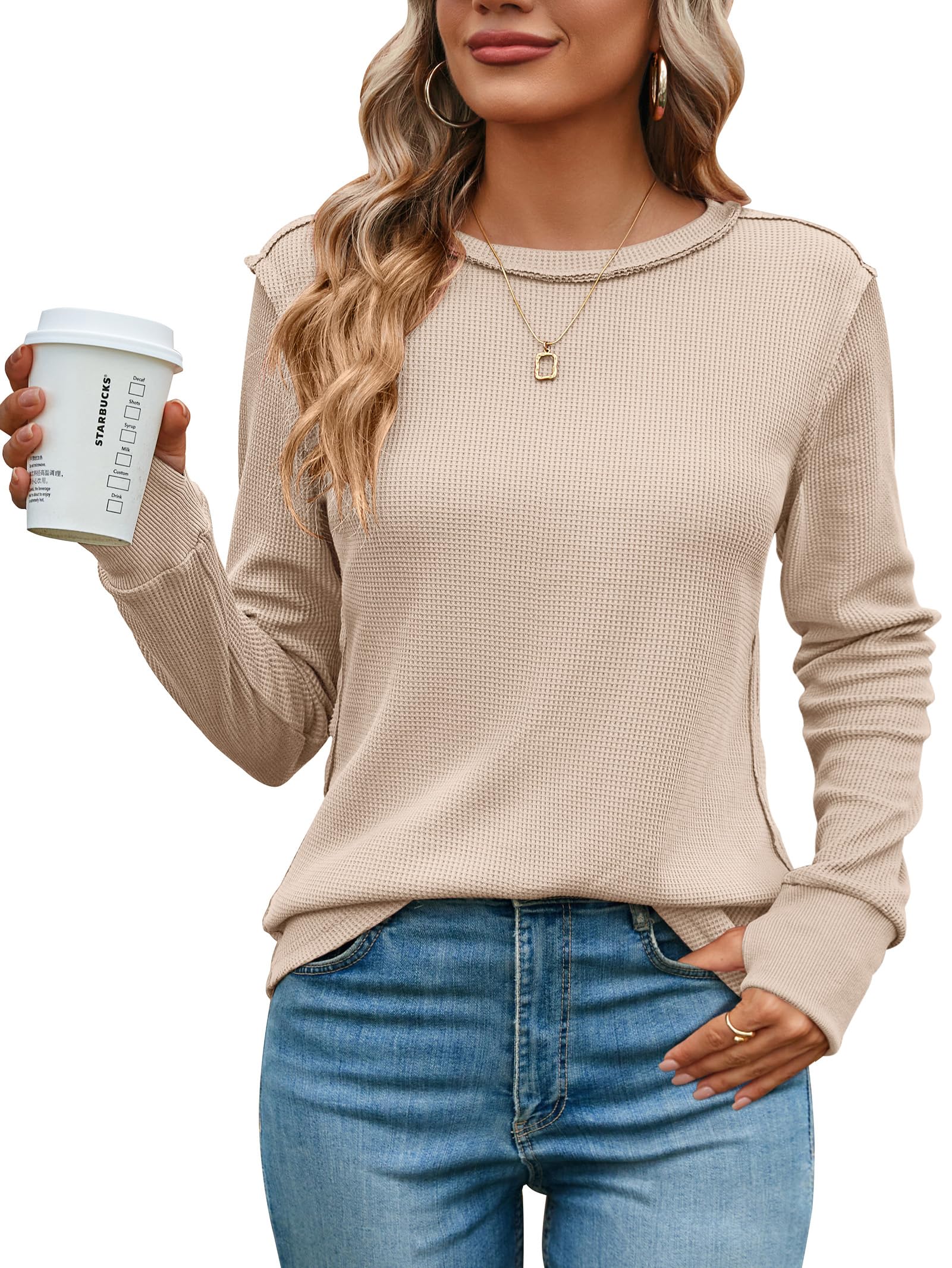 Halife Women's Waffle Knit Long Sleeve Tops - Slim Fit Crew Neck Pullover Shirt with Thumb Holes | Casual Fall & Winter Layering, Outdoor Activities, Workout & Lounge Wear